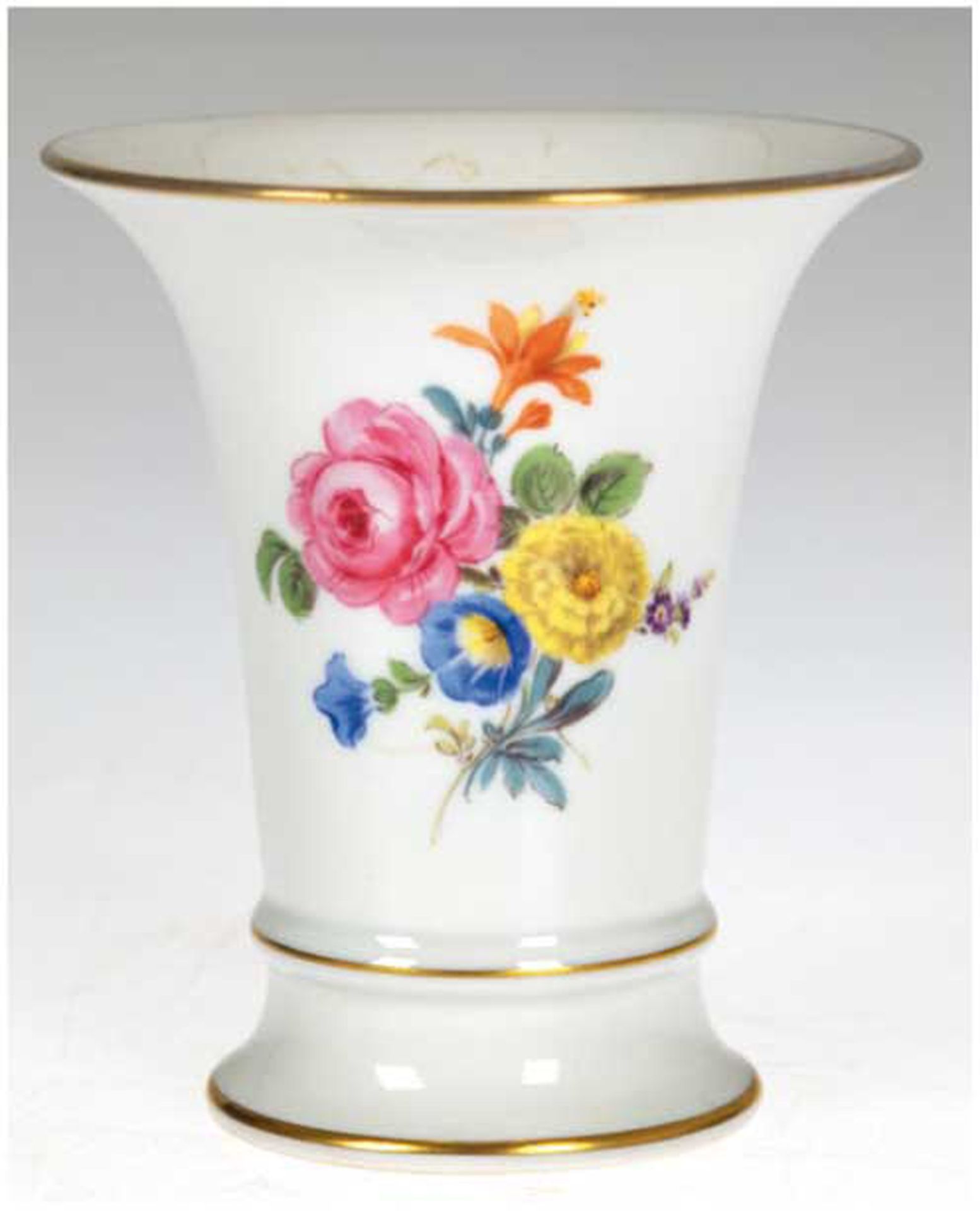 Meissen-Vase, Bunte Blume 5, Goldrand, 1. Wahl, H. 9,5 cm