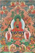 Tibetischer Thangka "Mittig sitzender Buddha mit vielfigurigen Darstellungen", feine polychrome Tem