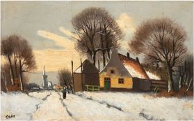 "Ländliche Winterlandschaft mit Blick auf Kirche", Öl/SH, undeutl. sign. u.l., 33x48 cm, Rahmen