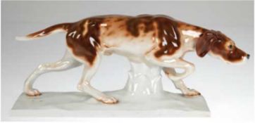 Porzellanfigur "Vorsteherhund Setter Pointer", Göbel um 1920, farbig bemalt, auf Sockel, 37,5 cm