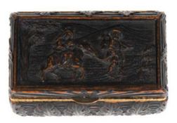 Schnupftabak-Dose, Buchsbaum, geschnitztes Blattwerk, auf Deckel  Josef und Maria mit Christkind au