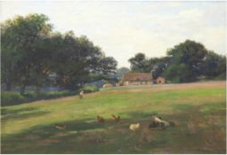 Maler um 1900  "Bäuerliche Idylle mit Hühnern auf der Wiese", Öl/Lw., doubliert, unleserl. signiert