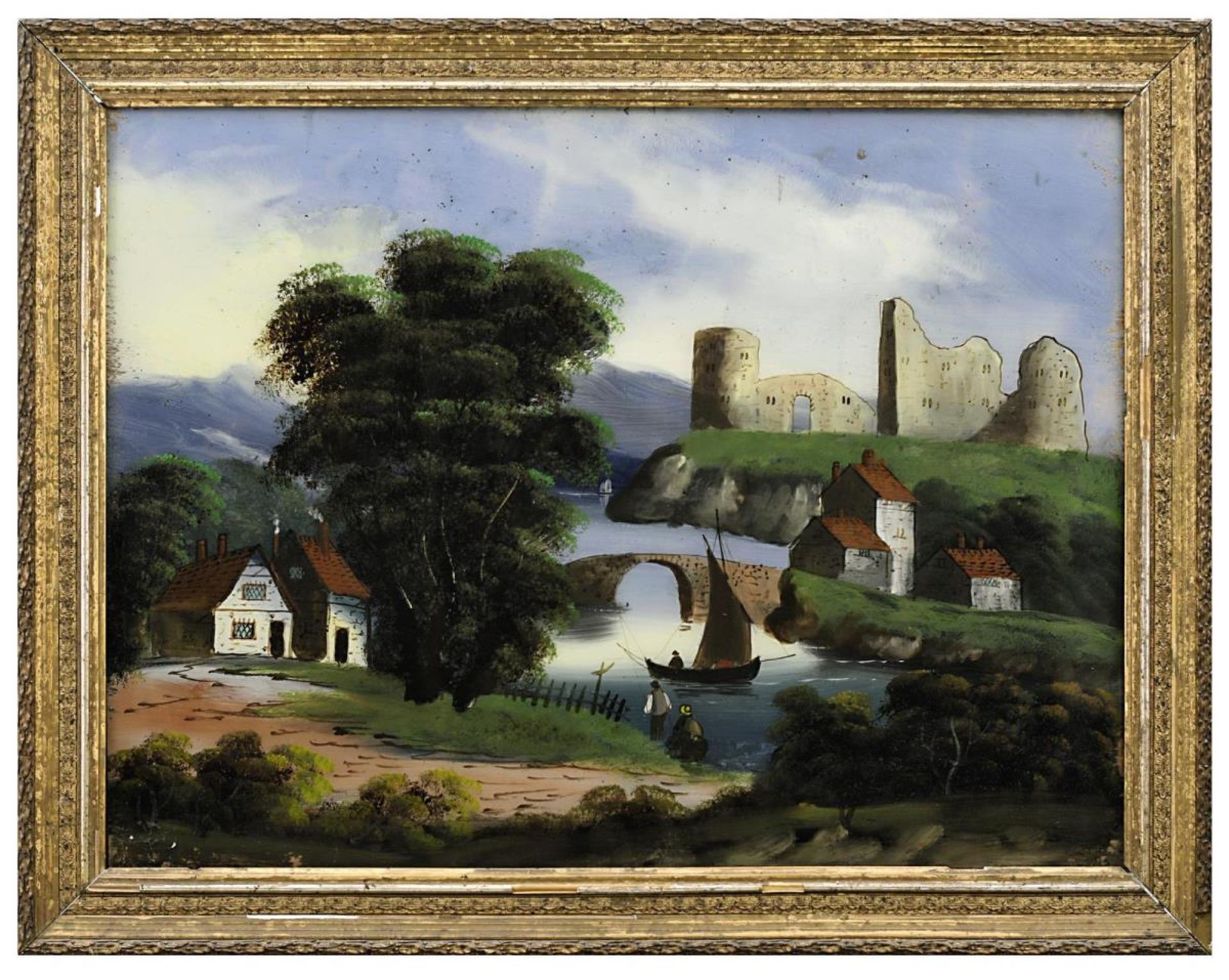 Hinterglasbild: Flusslandschaft mit Figurenstaffage und Ruine