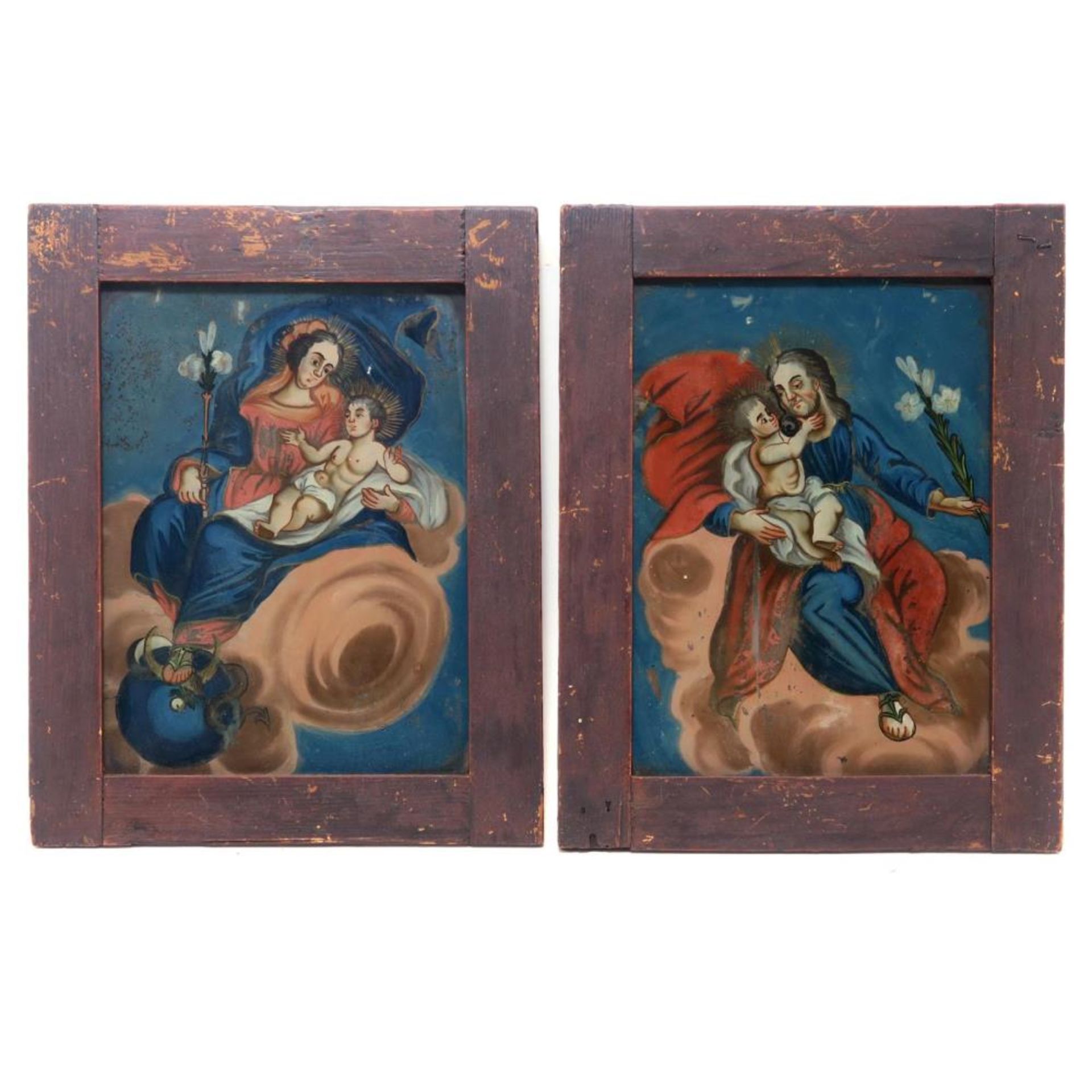 Ein Paar Hinterglasbilder: Muttergottes bzw. Hl. Josef mit dem Kind