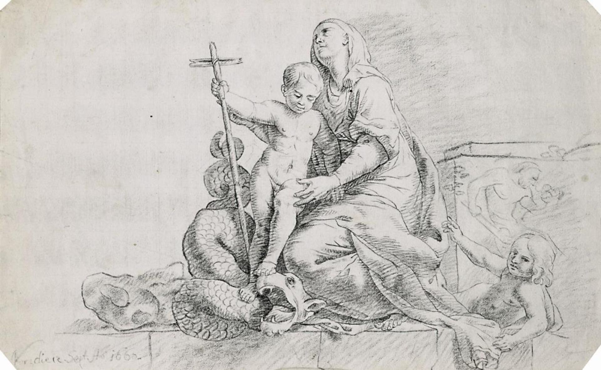 Maria mit dem Kind, das auf einen Drachen tritt