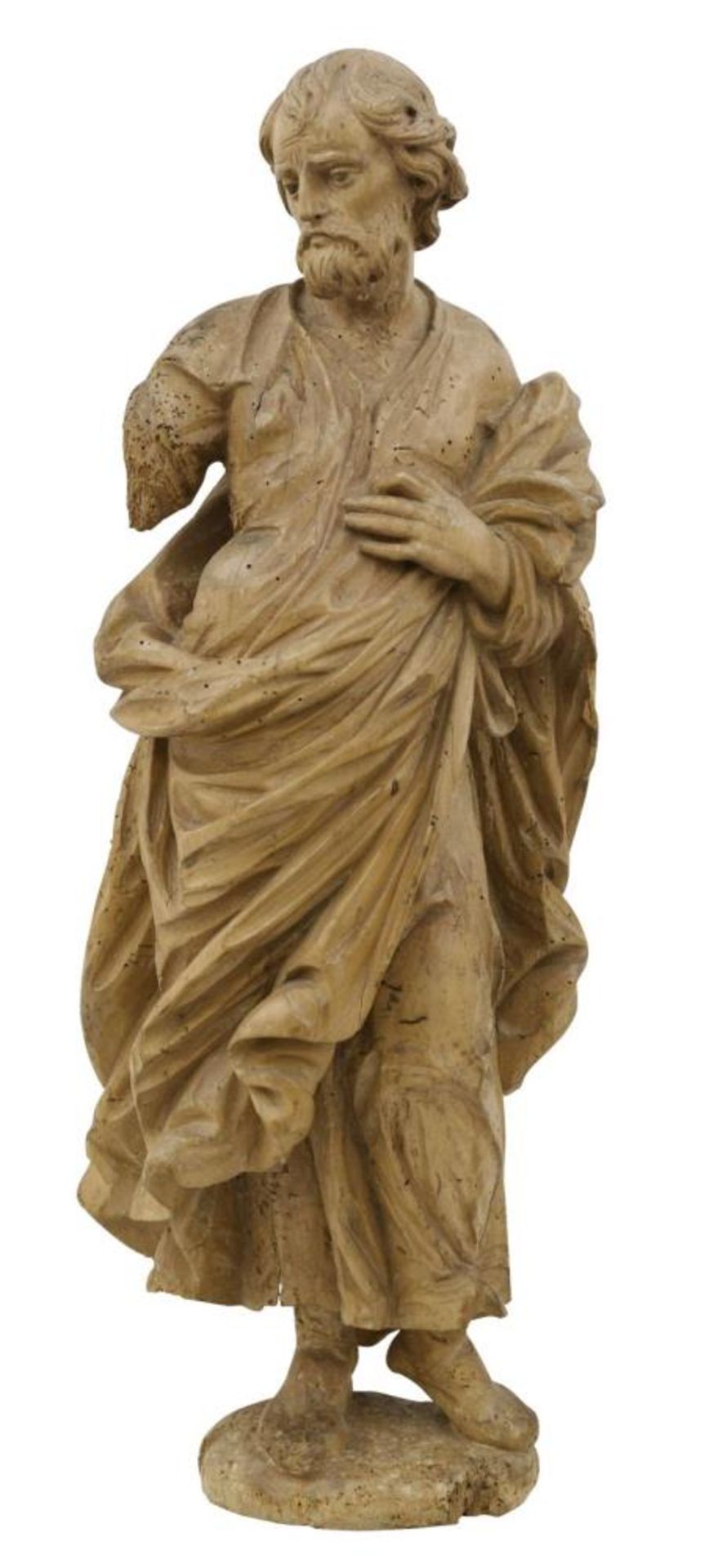 Figur eines stehenden Heiligen. Holz, geschnitzt, ungefasst