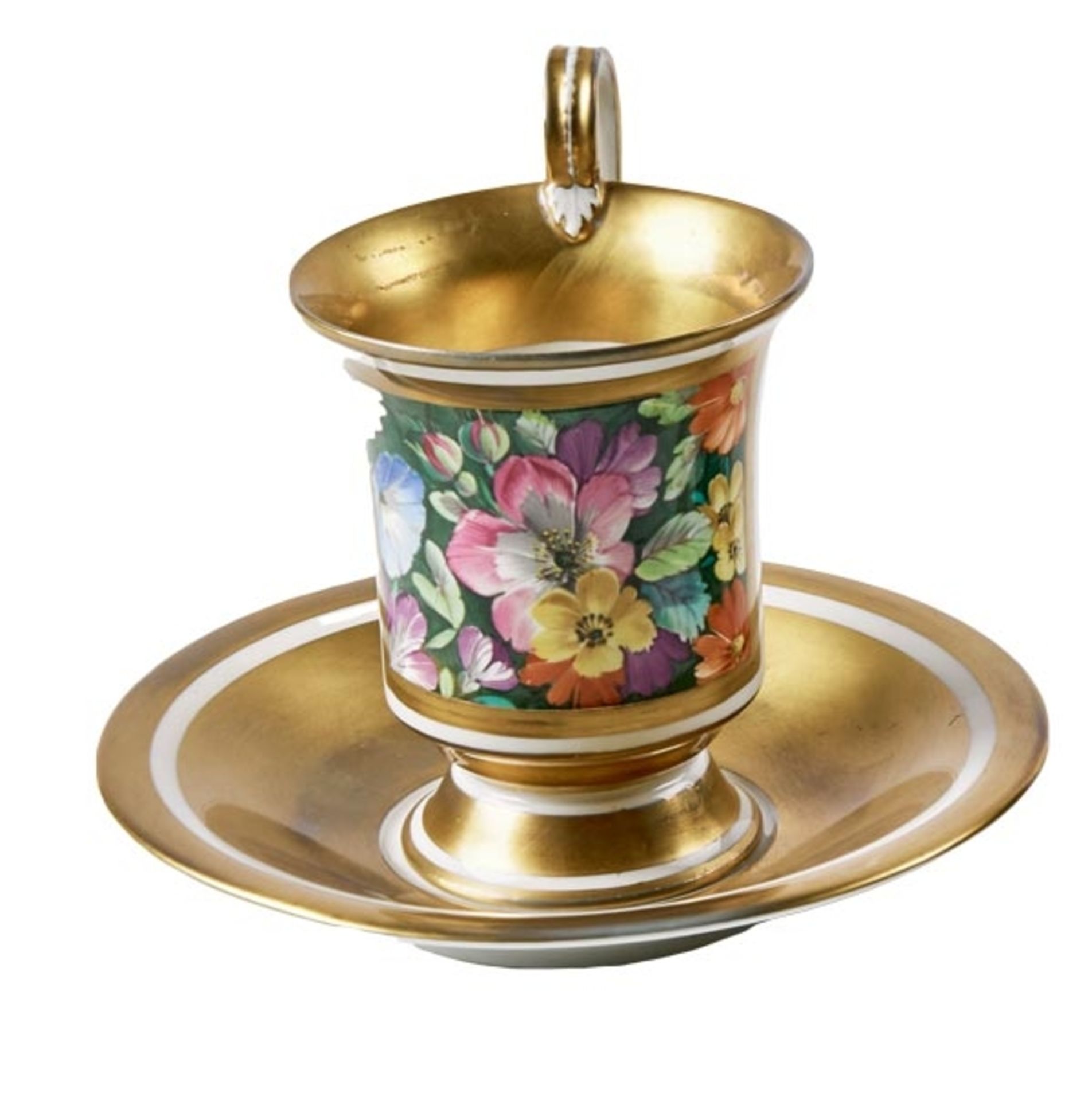 Goldfond-Tasse mit Blumenmalerei und originaler Untertasse