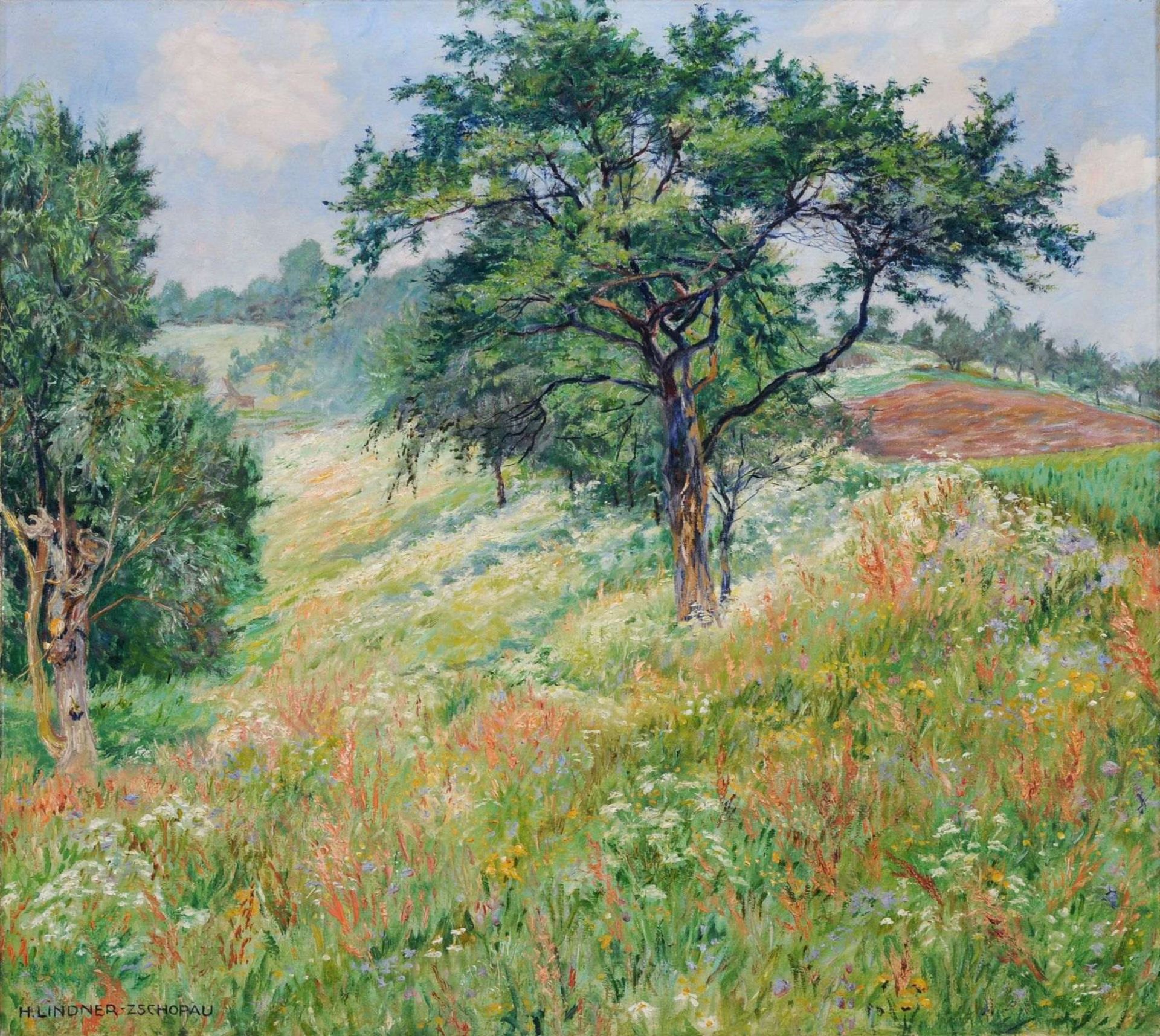 Hans Lindner, Sommerlandschaft in Niederwartha bei Dresden. Wohl um 1940.