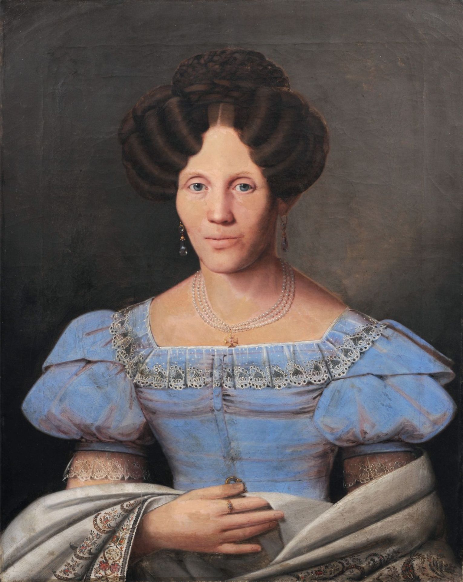 Unbekannter Maler, Bildnis einer Dame im blauen Kleid. Um 1830.