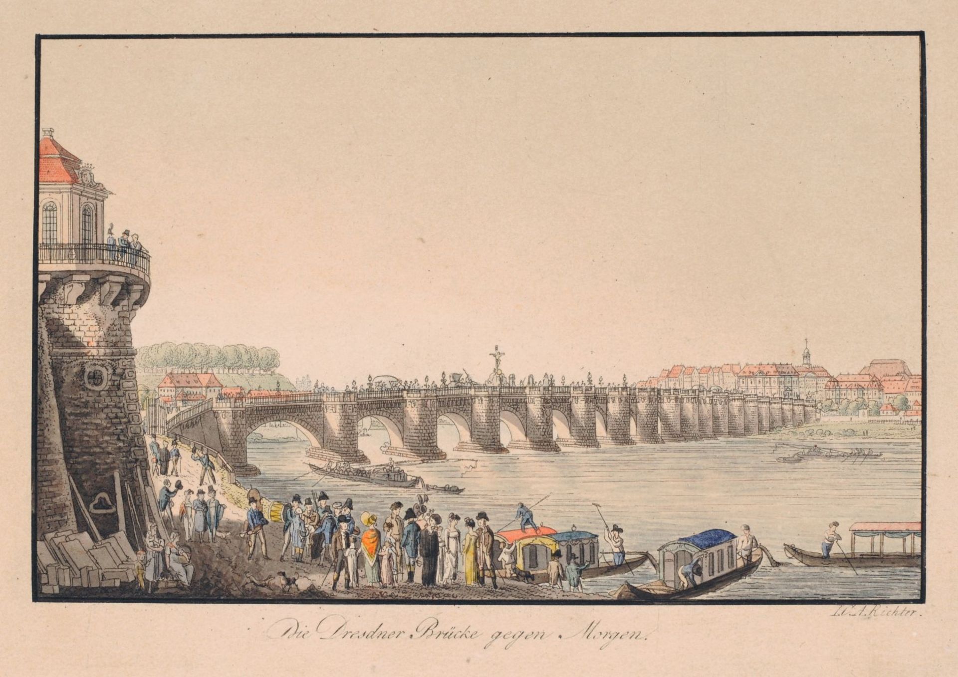 Johann Carl August Richter "Die Dresdner Brücke gegen Morgen". Um 1830.