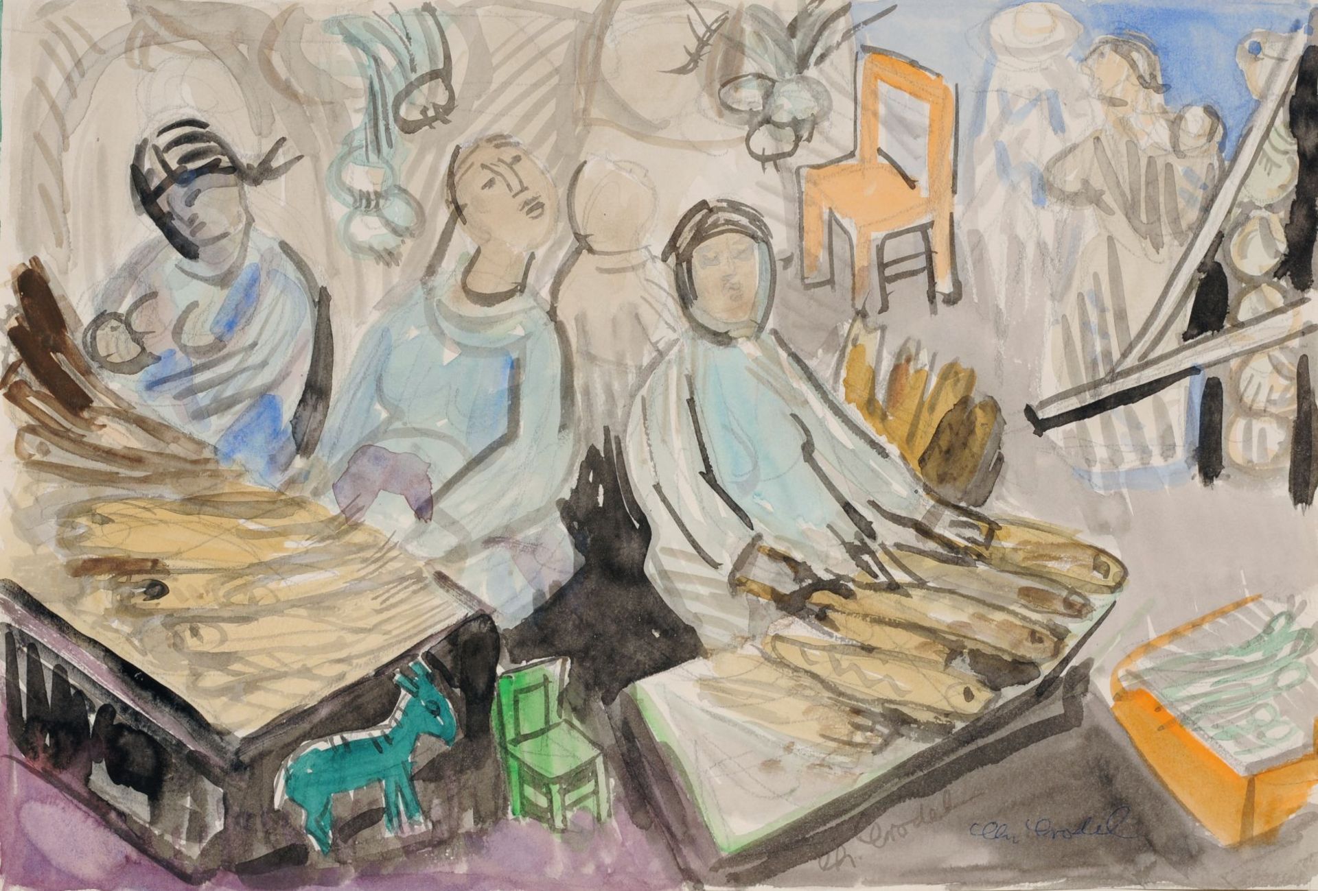 Charles Crodel "Fish-Sellers, Toluca" (Mexiko). Um 1960– 1965.