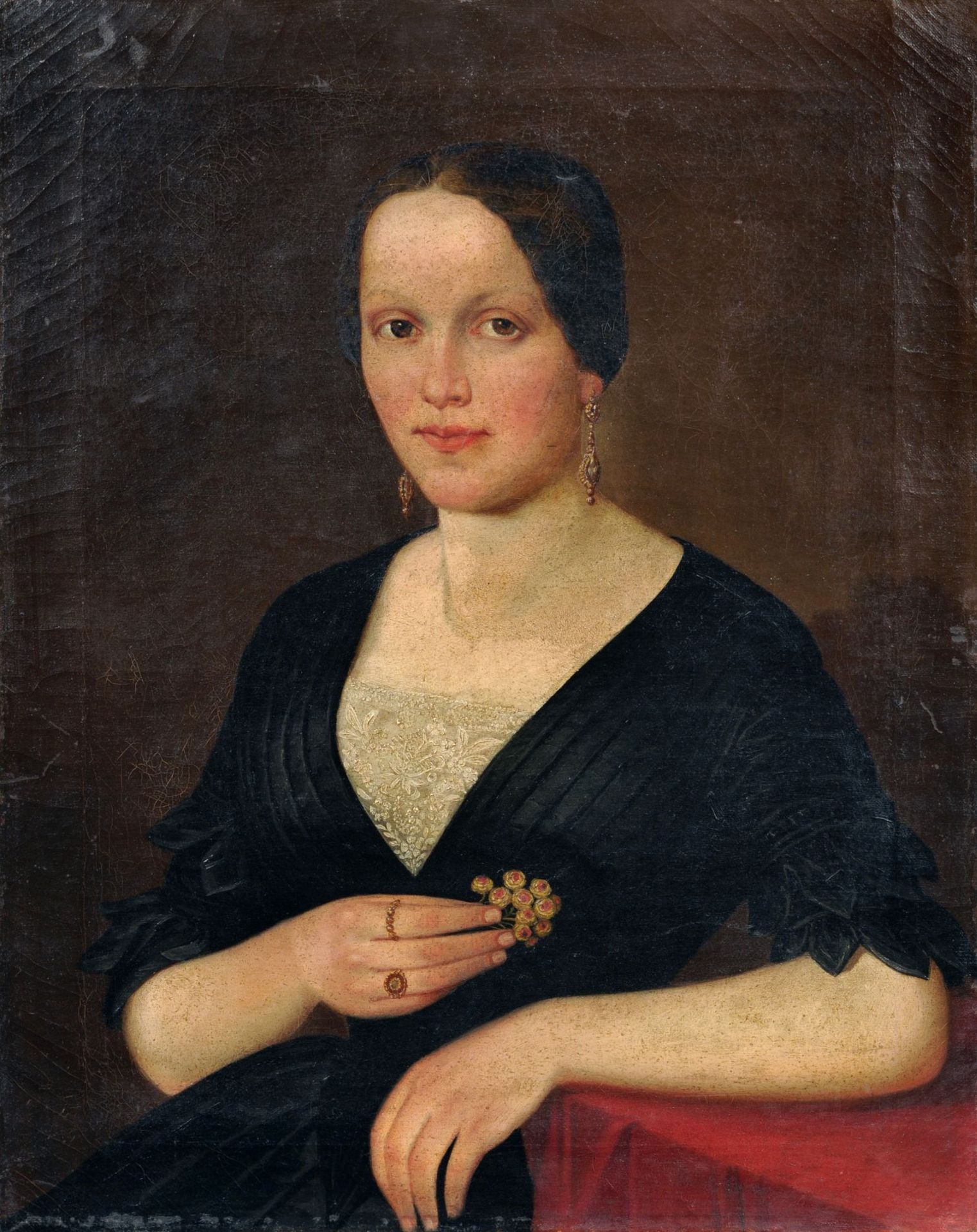 Unbekannter Bildnismaler, Bildnis einer jungen Dame mit Zwergrosen. 1840er Jahre.