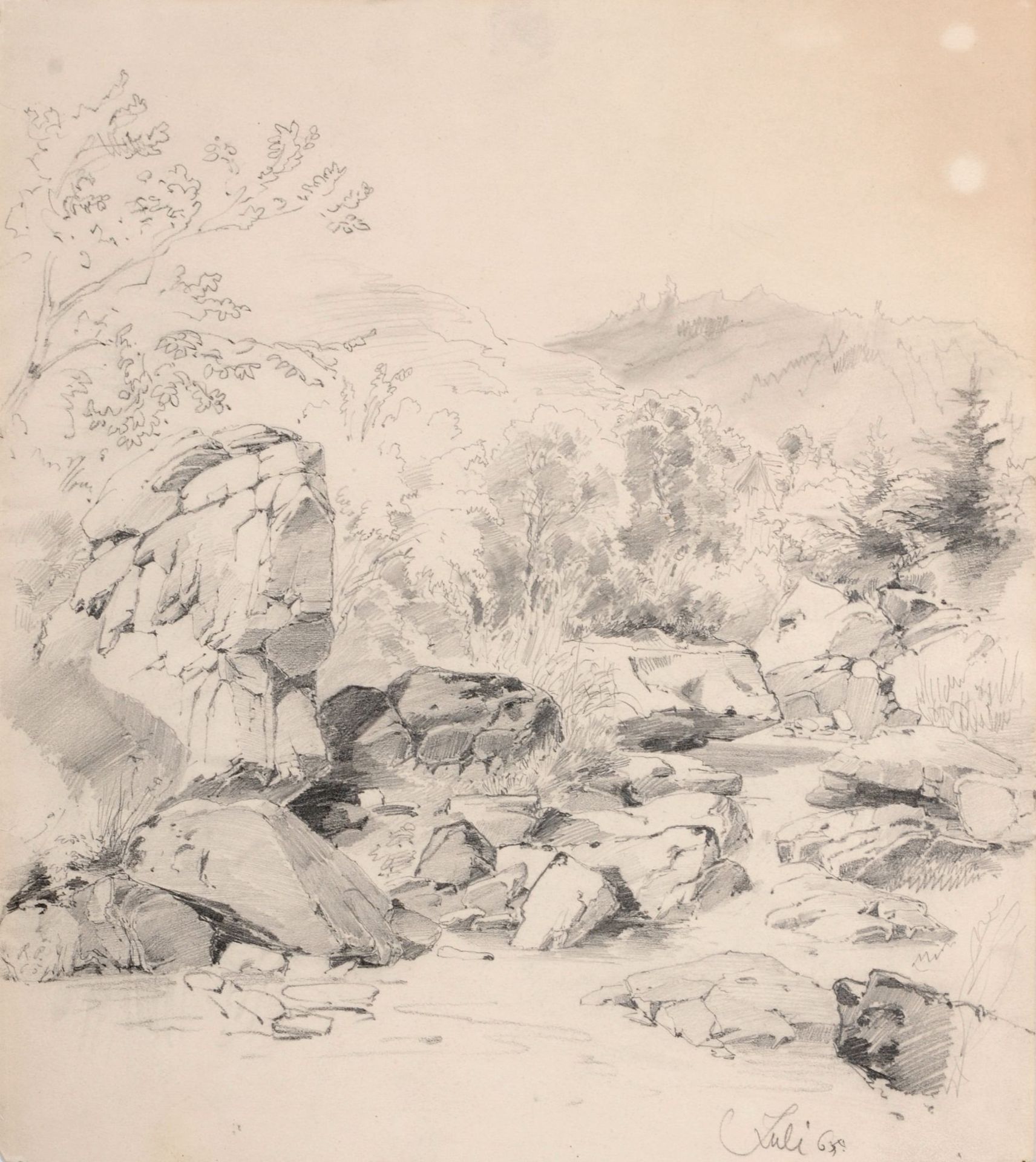 Richard Püttner (zugeschr.), Bachlauf mit kleiner Hütte. 1865.