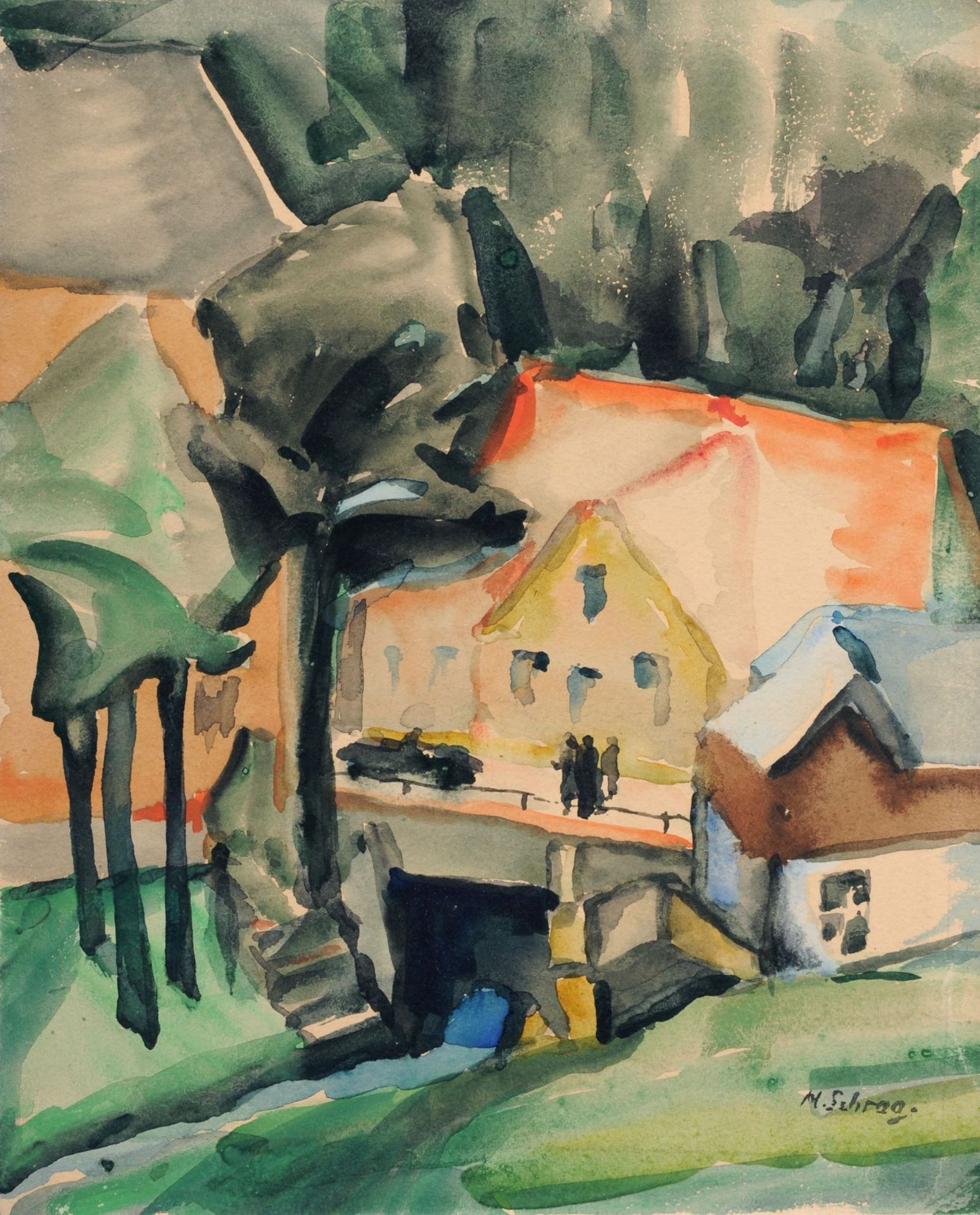 Martha Schrag, Häuser am Bach. Wohl 1930er Jahre.