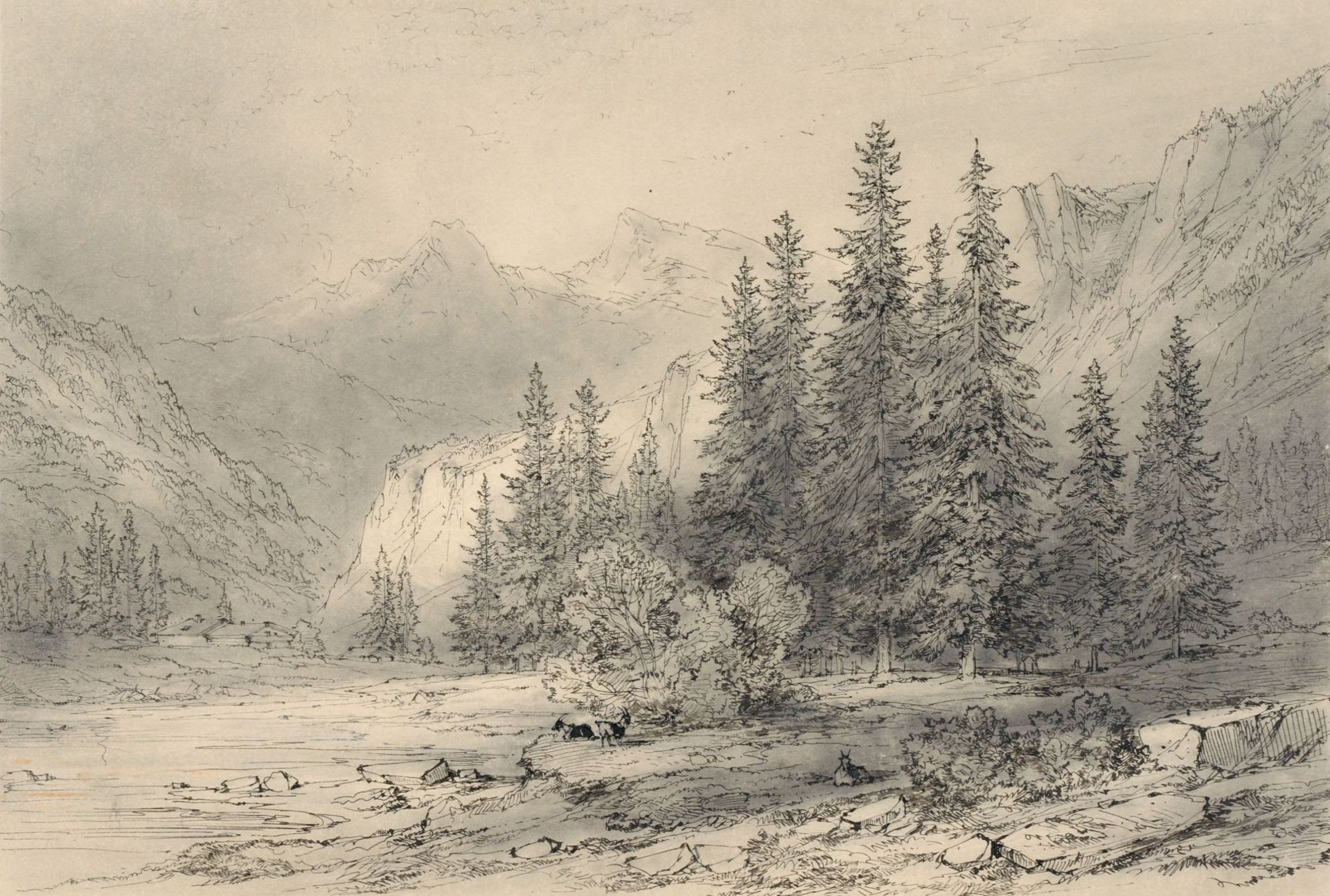 Theodor Verhas (zugeschr.), Alpine Flußlandschaft. Mitte 19. Jh.