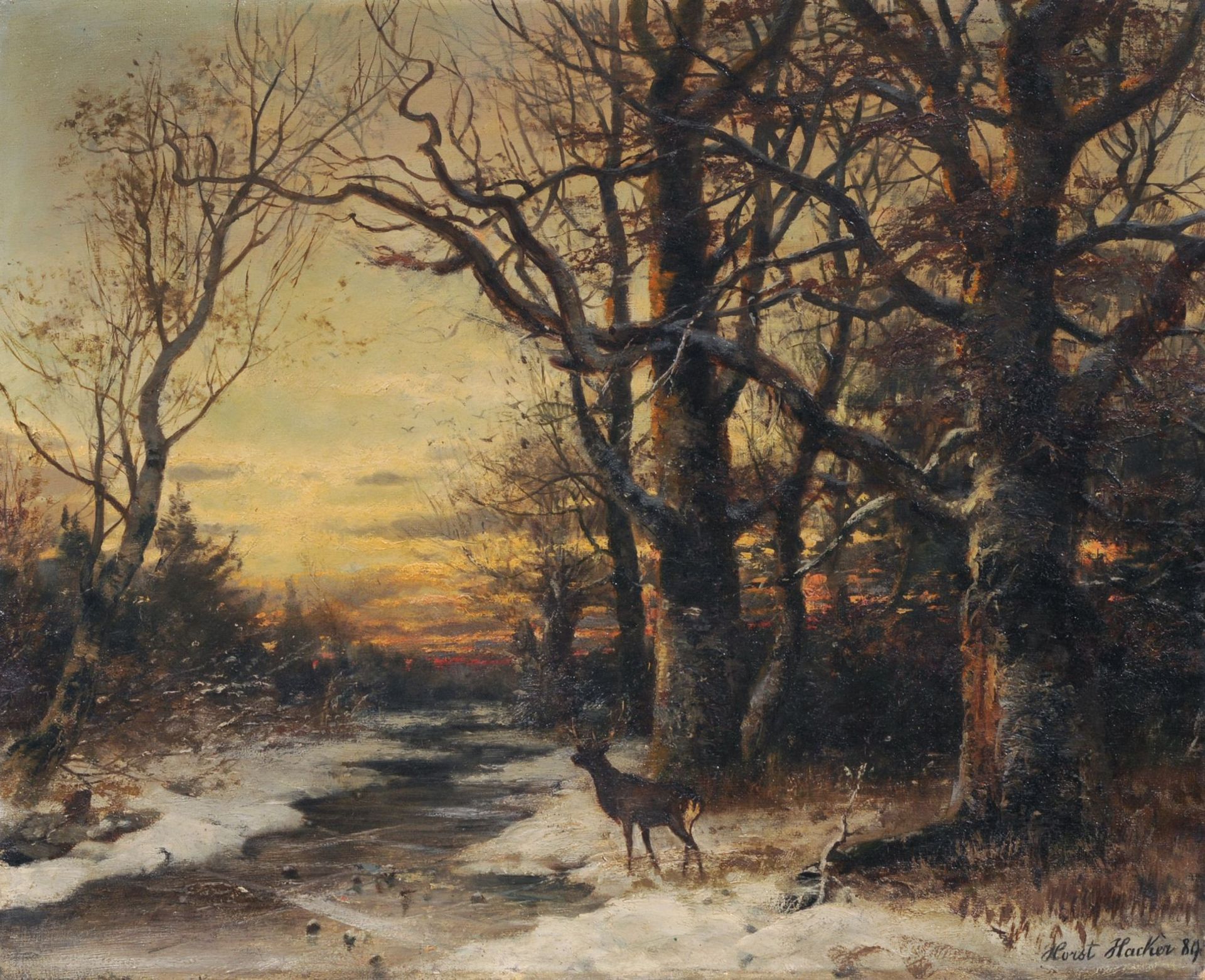 Horst Bernhard Hacker, Abendliche Winterlandschaft mit Bachlauf und Rehbock. 1889.