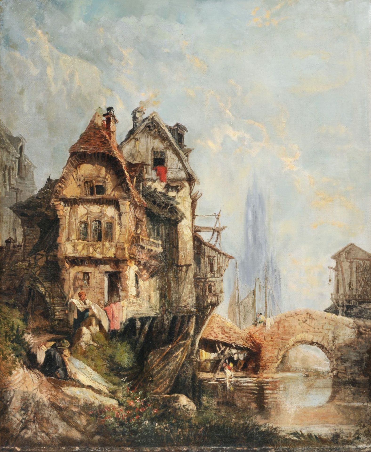 Eugène Louis Gabriel Isabey (zugeschr.), Wäscher am Fluss. 1830er Jahre.