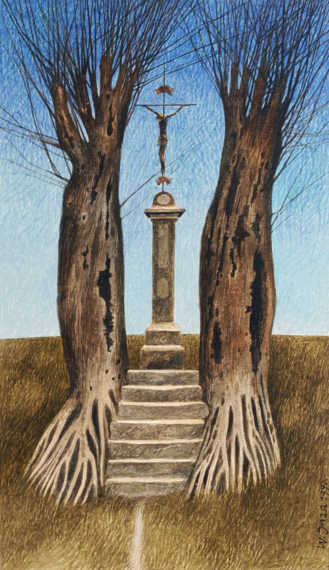 Werner Juza, Kruzifix und Treppe zwischen zwei Bäumen. 1990.