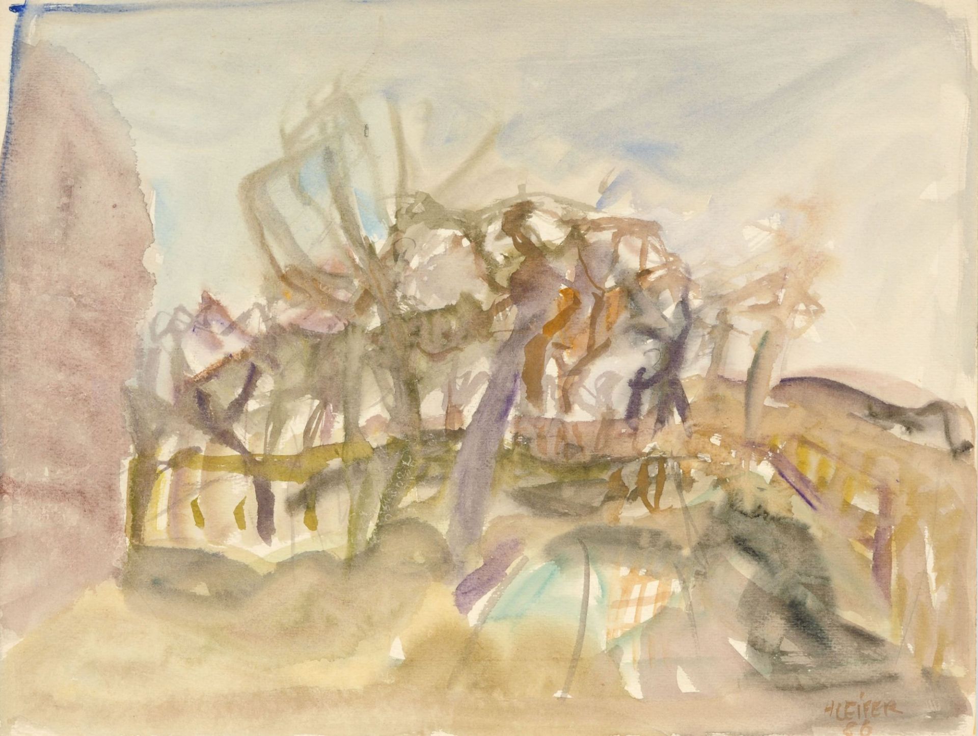 Horst Leifer, Landschaft mit Obstbäumen. 1986.