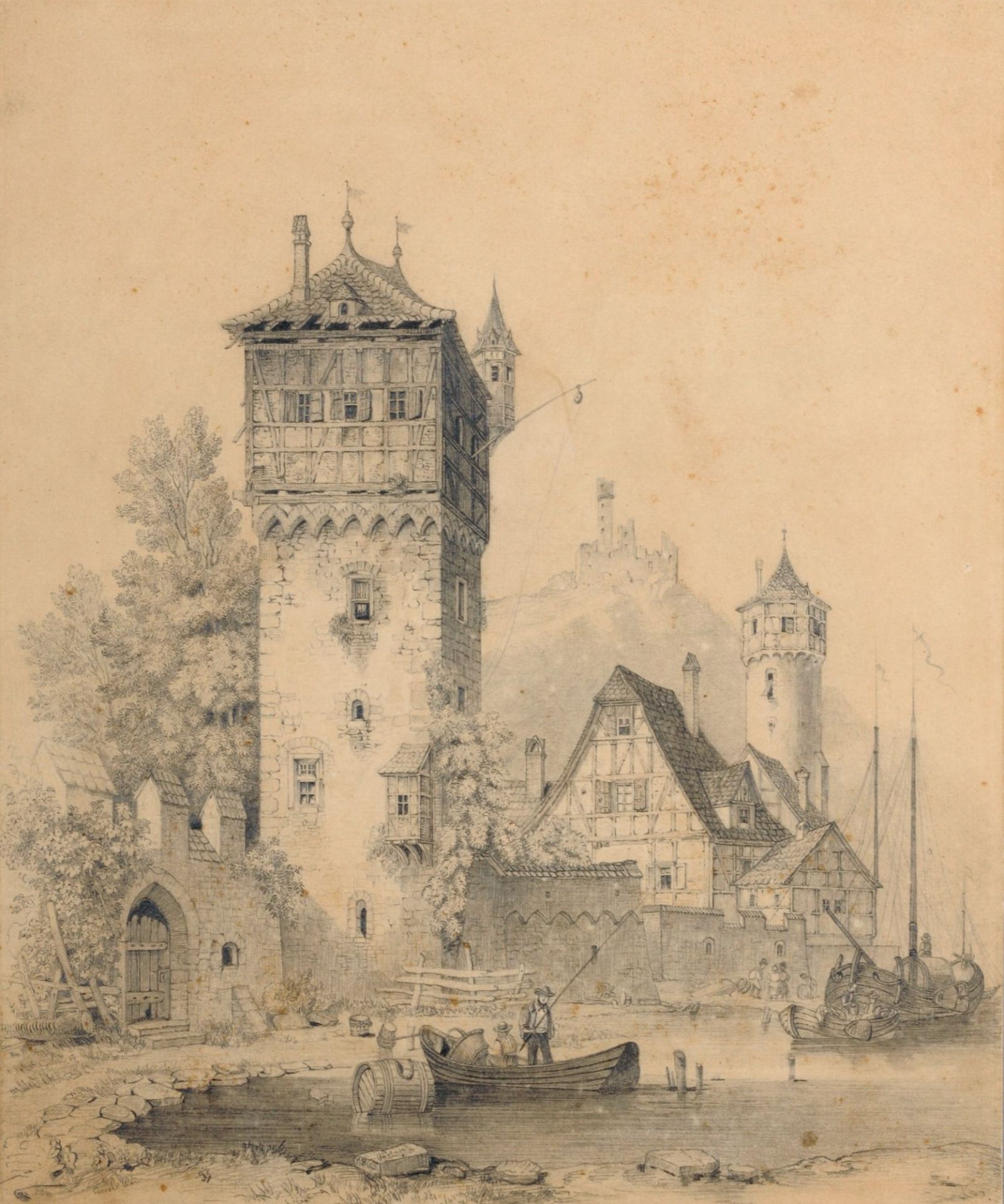 Heinrich Gärtner, Stadtmauer mit Türmen, im Hintergrund eine Burg. 1865.