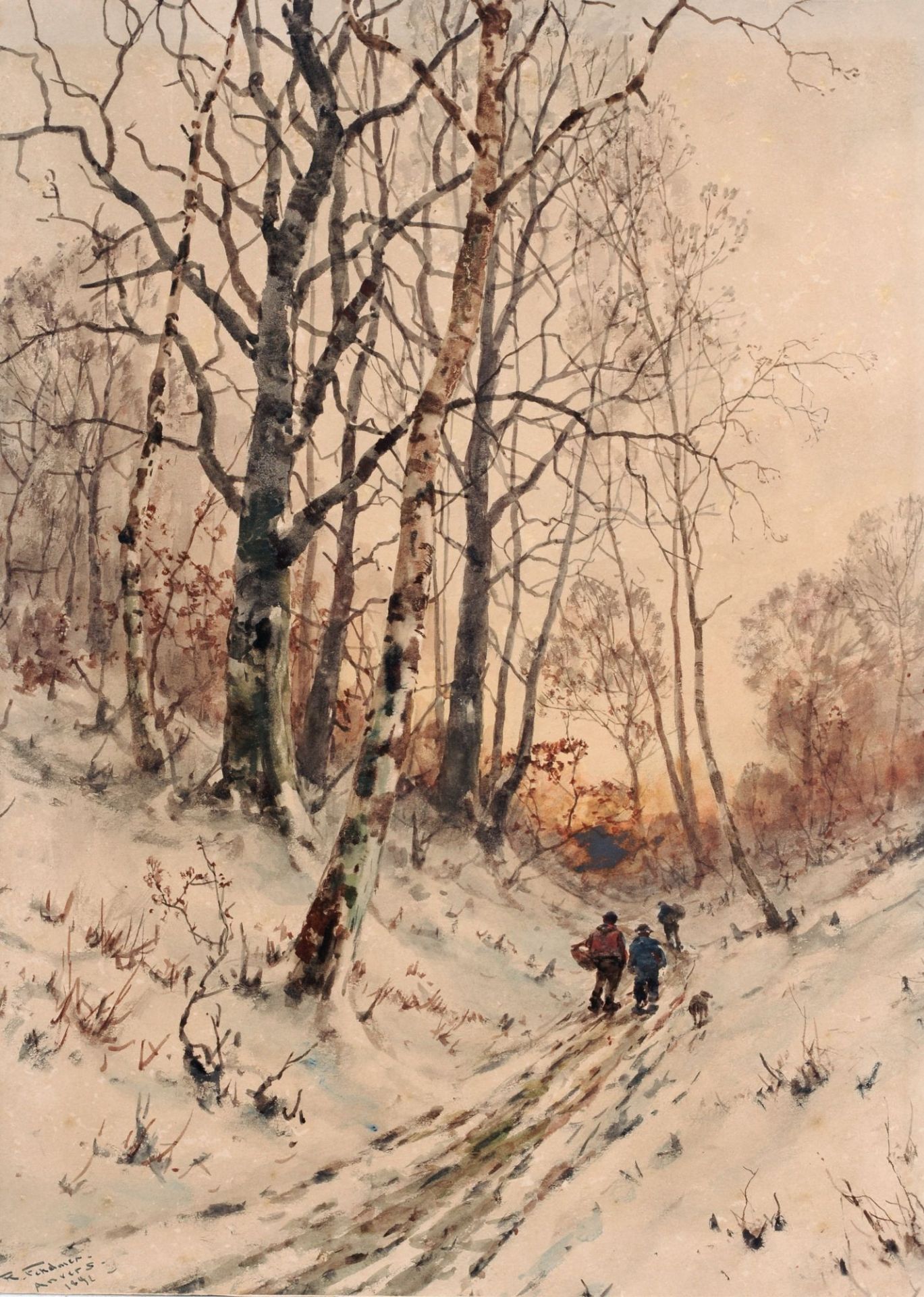 Richard Henri Fehdmer, Reisigsammler in winterlichem Wald bei Antwerpen. 1892.