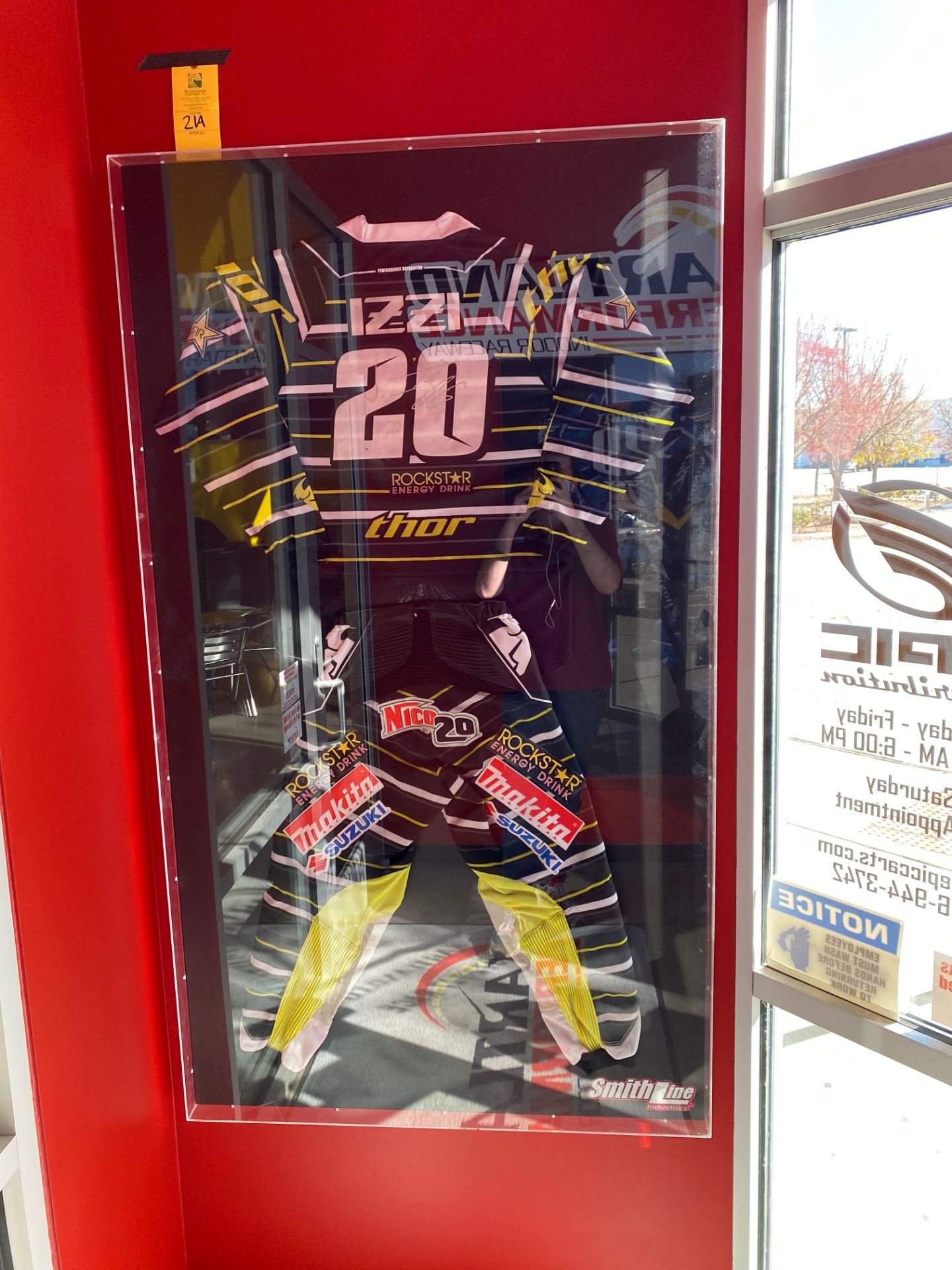 Smith Line Display Frame W/ Signed #20 Izzi Racing Suit, W = 2.5'', L = 40'', H = 70''