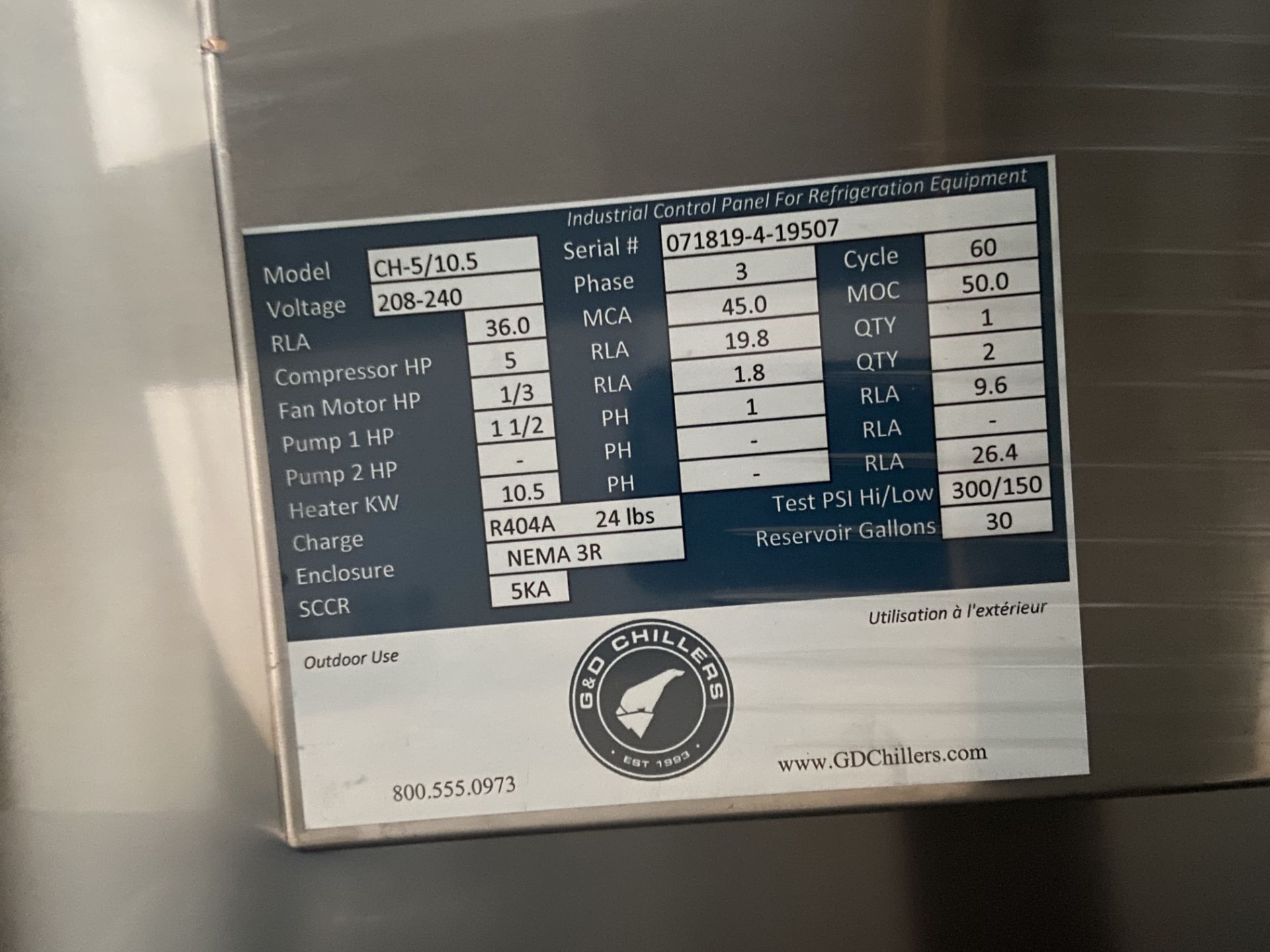 NEW GD Chiller, Model# CH-5/10.5, Serial# 071819-4-19507, 208-240V, 3 Phase, 60 Hz, Rigging/ Loading - Image 3 of 5