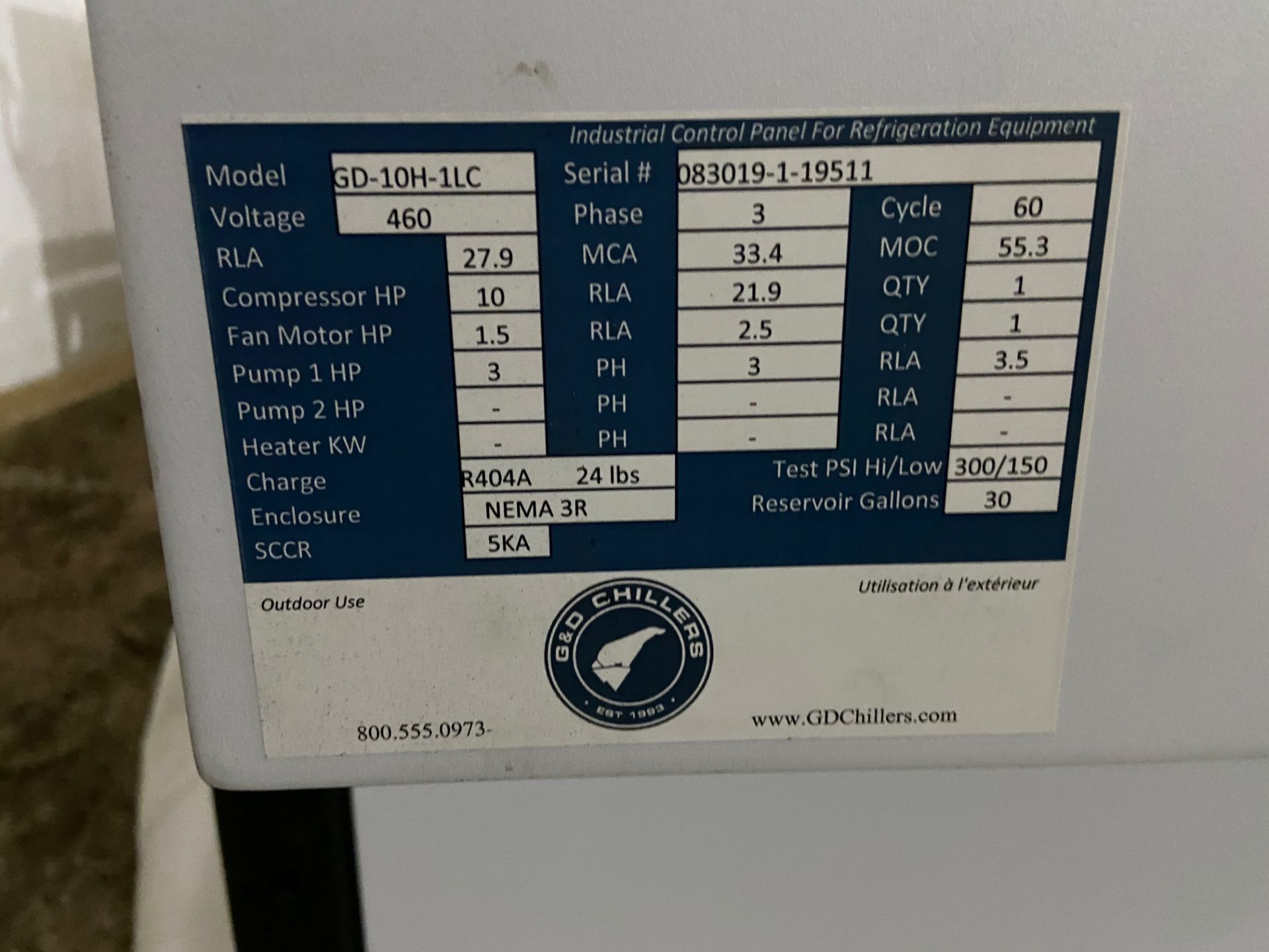 NEW GD Chiller, Model# GD-10H-1LC, Serial# 083019-1-19511, 460V, 3 Phase, 10 HP, Rigging/ Loading - Image 4 of 7