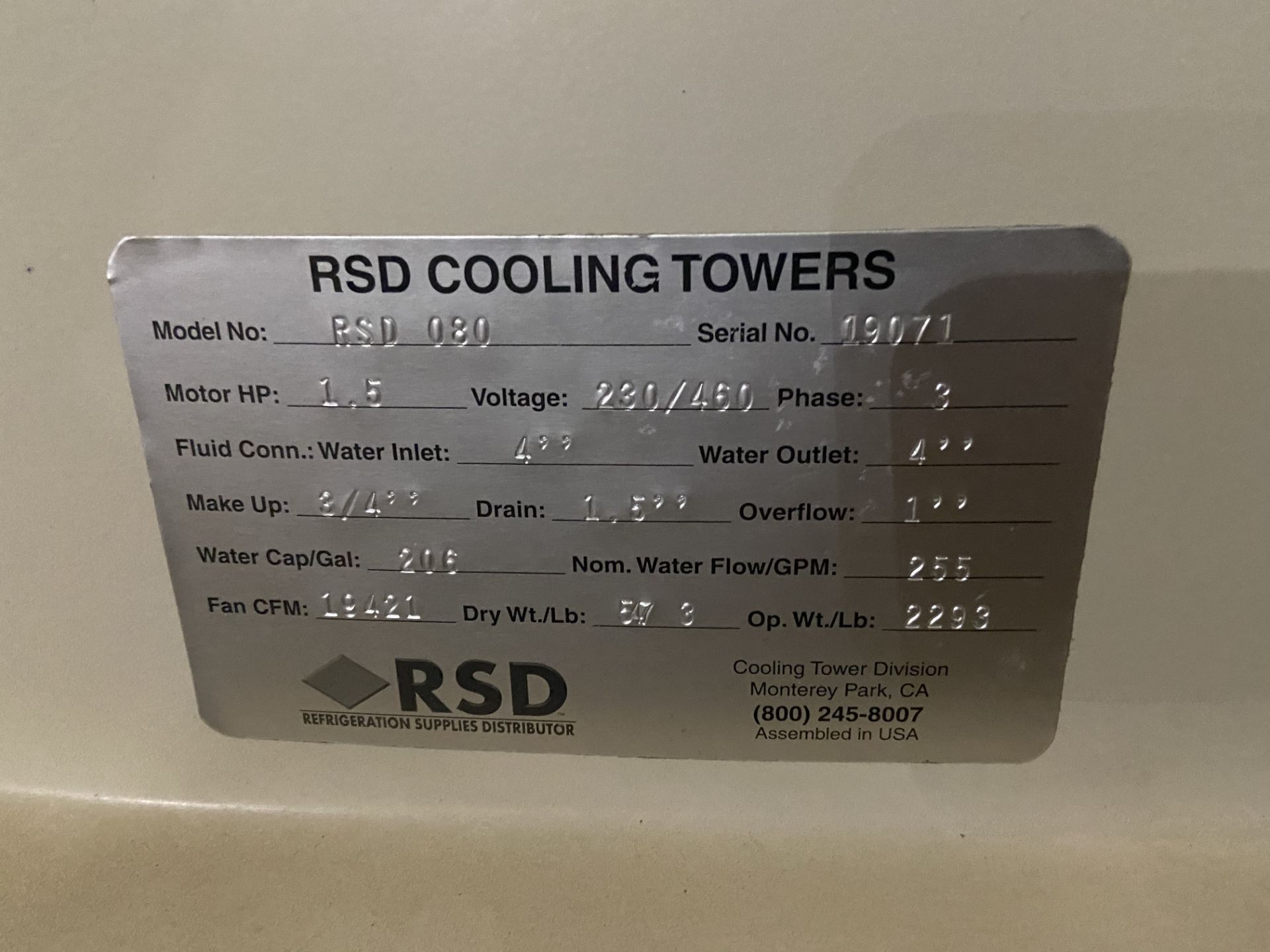 NEW RSD Fiberglass Cooling Tower, Model# RSD080, Serial# 19071, 1.5 HP, 230/460V, 3 Phase, Rigging/ - Image 2 of 5