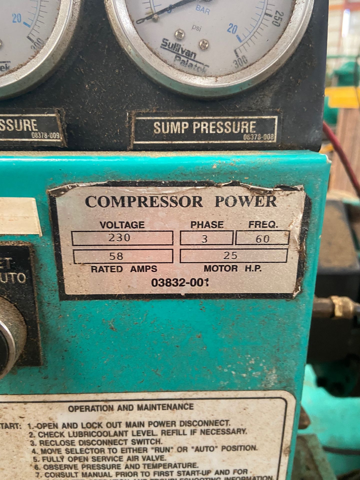 Sullivan Air Compressor (bad motor), 25 HP, 230V, 3 Phase, 60 Hz, 36,370 Hours, Rigging/ Loading Fee - Image 2 of 6