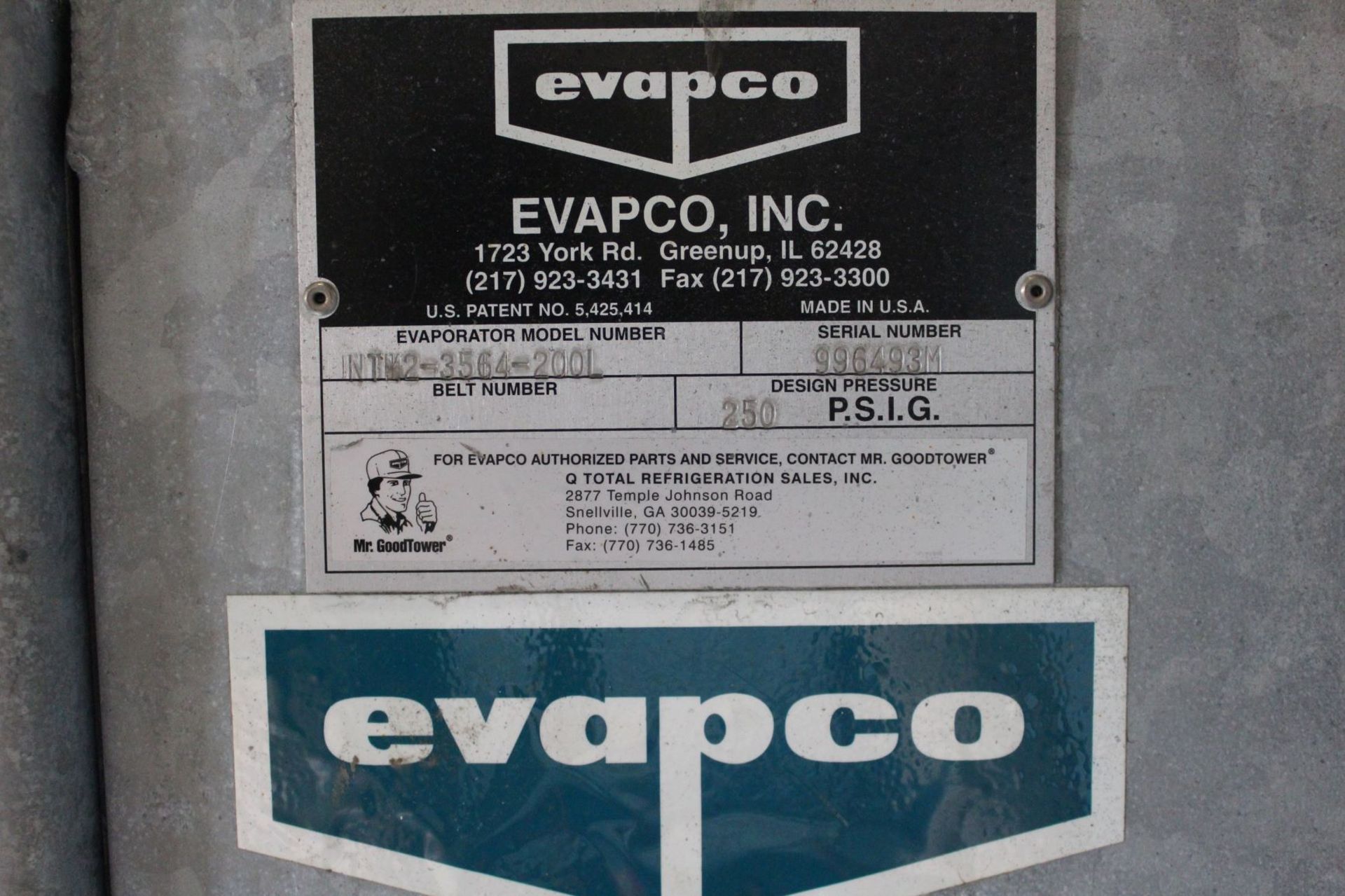 Evapco Evaporator, Model# NTMZ-3564-200I, Serial# 996493M, Item# mtlevapco493m, Located in: - Image 3 of 3