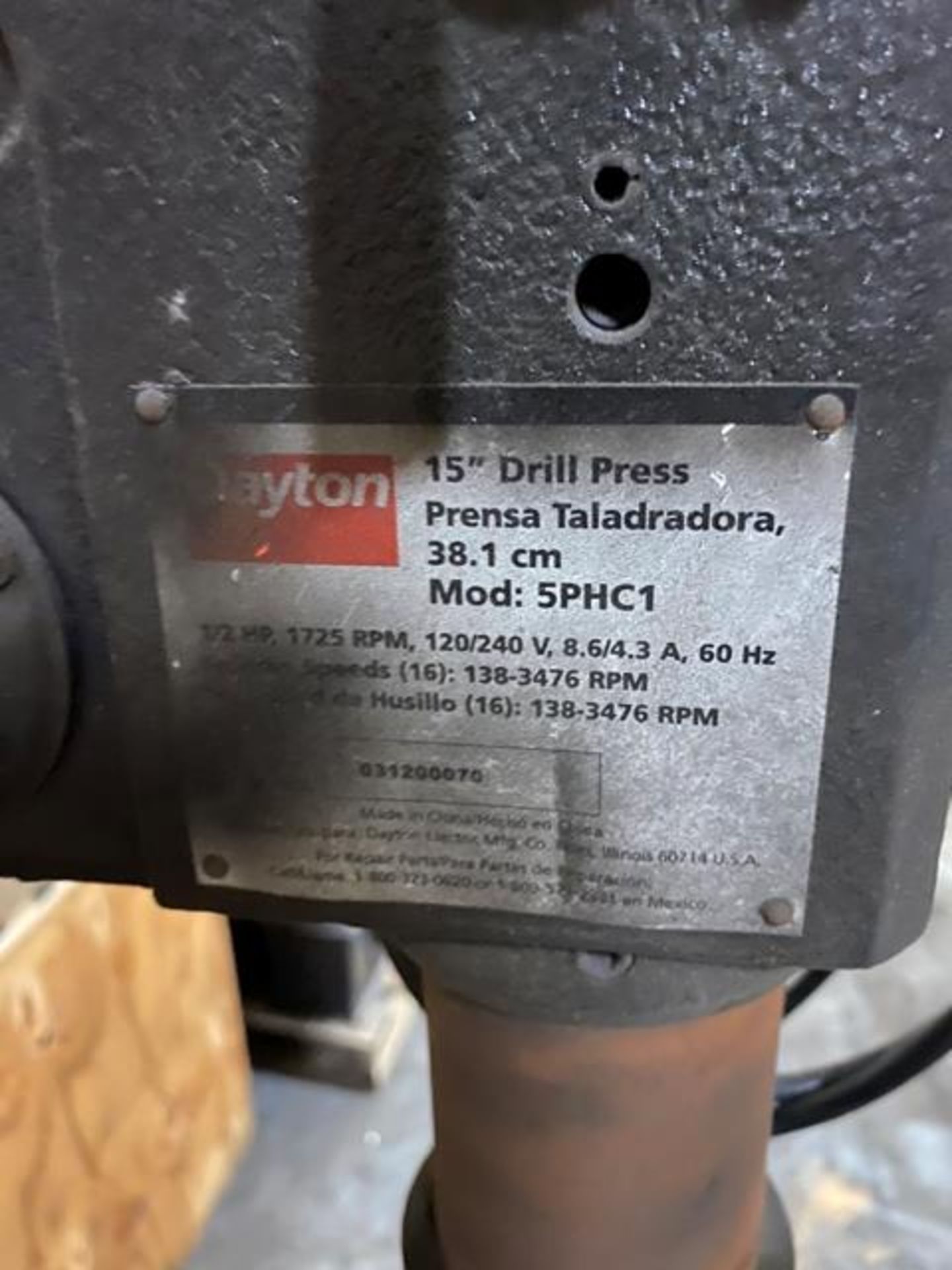 Dayton 15'' Drill Press, Model #5PHC1 Rigging Price $100 - Image 3 of 4