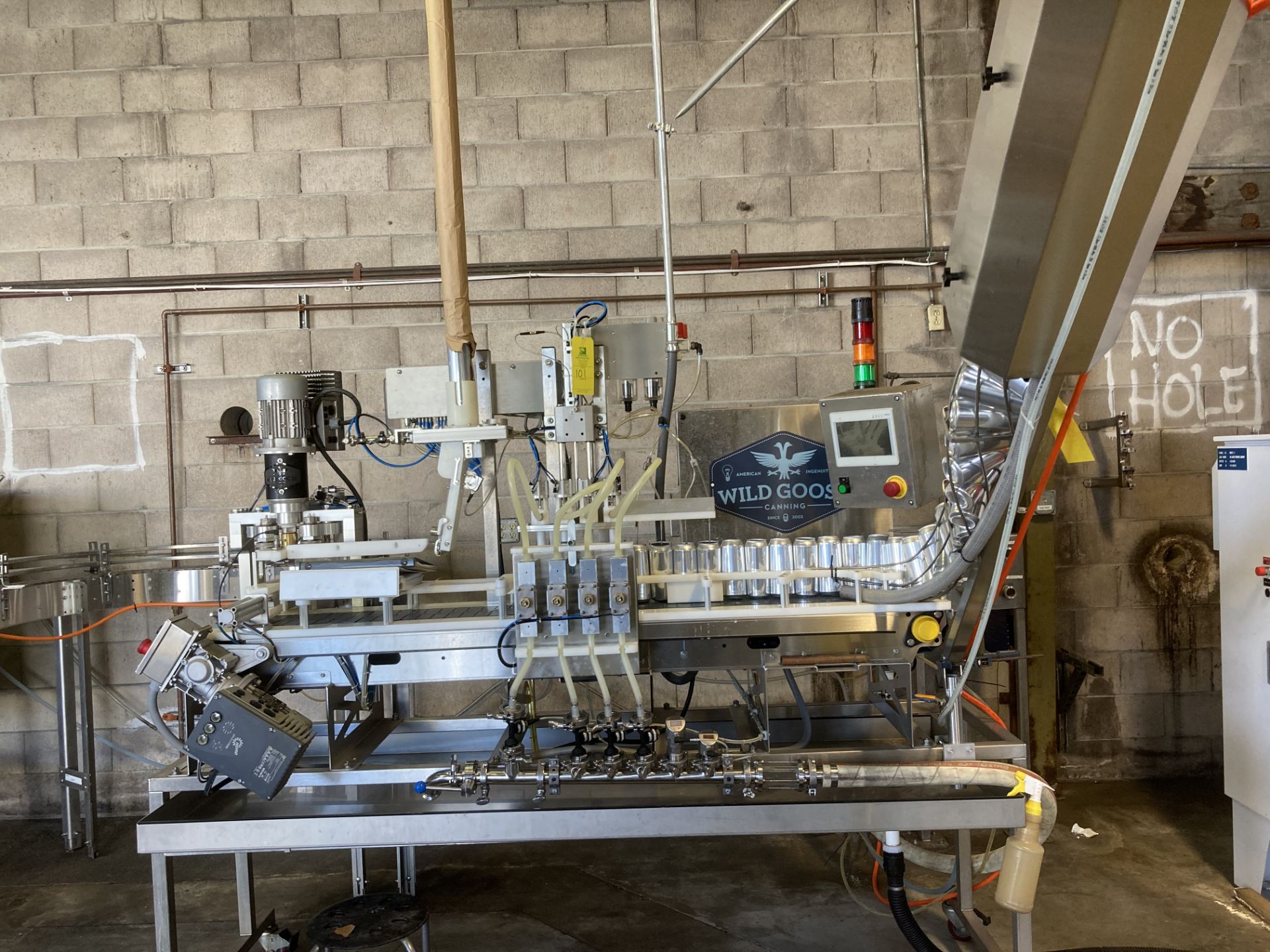 Wild Goose 4 station can filler with single head seamer , model WGC250, serial WGC-0523, 115 vac 1