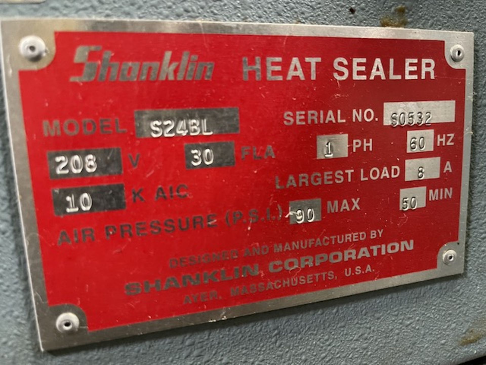 Shanklin Heat Sealer, 20" Wide Belt, Portable Unit, Model #S24BL, S/N S0532 Rigging/Loading Fee $50 - Image 3 of 3