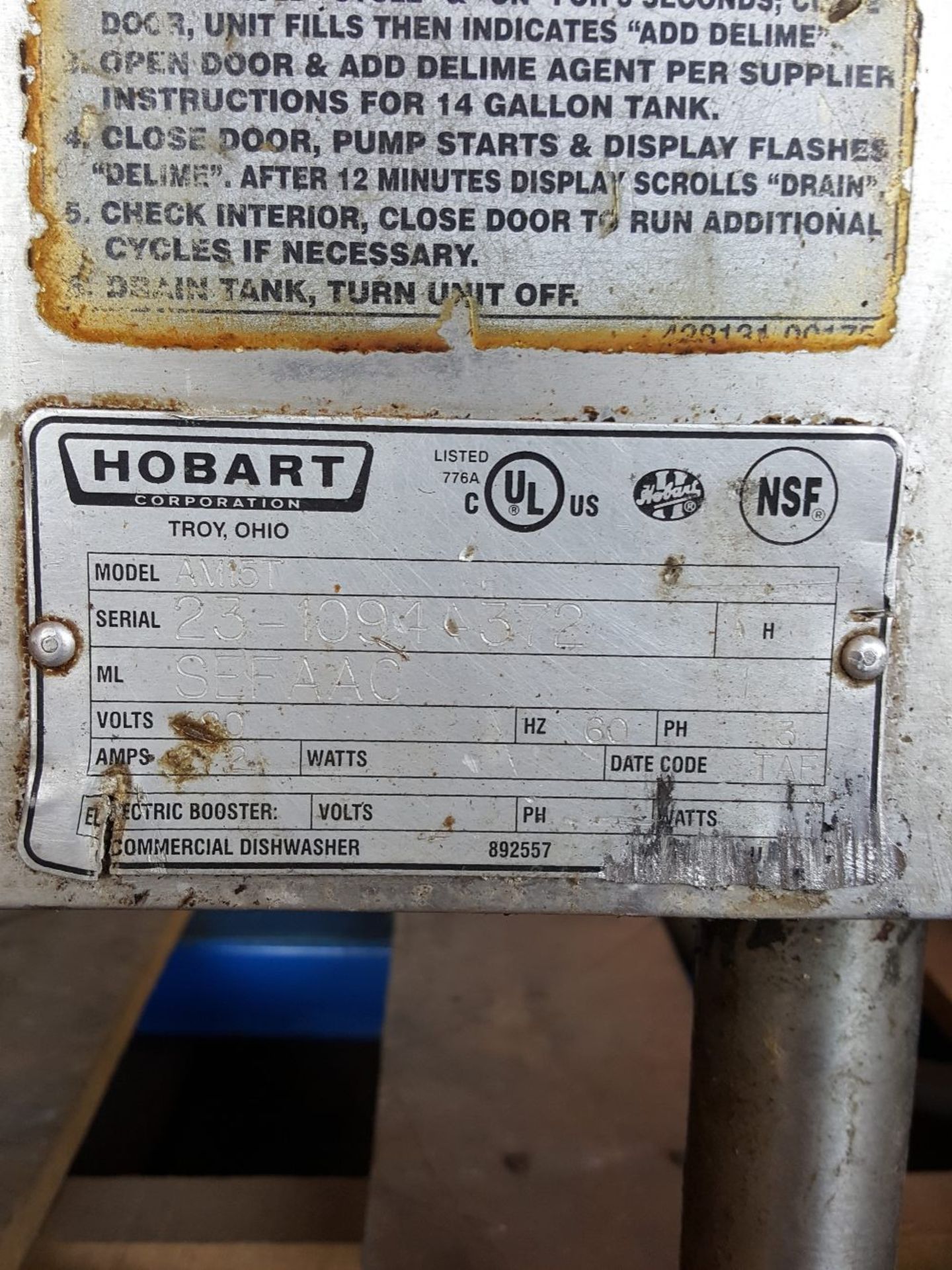 Hobart dishwasher Model AM15T Serial # 23-1094-372 480 volts 3 phase Date code TAF 27" wide x 27" - Image 4 of 8