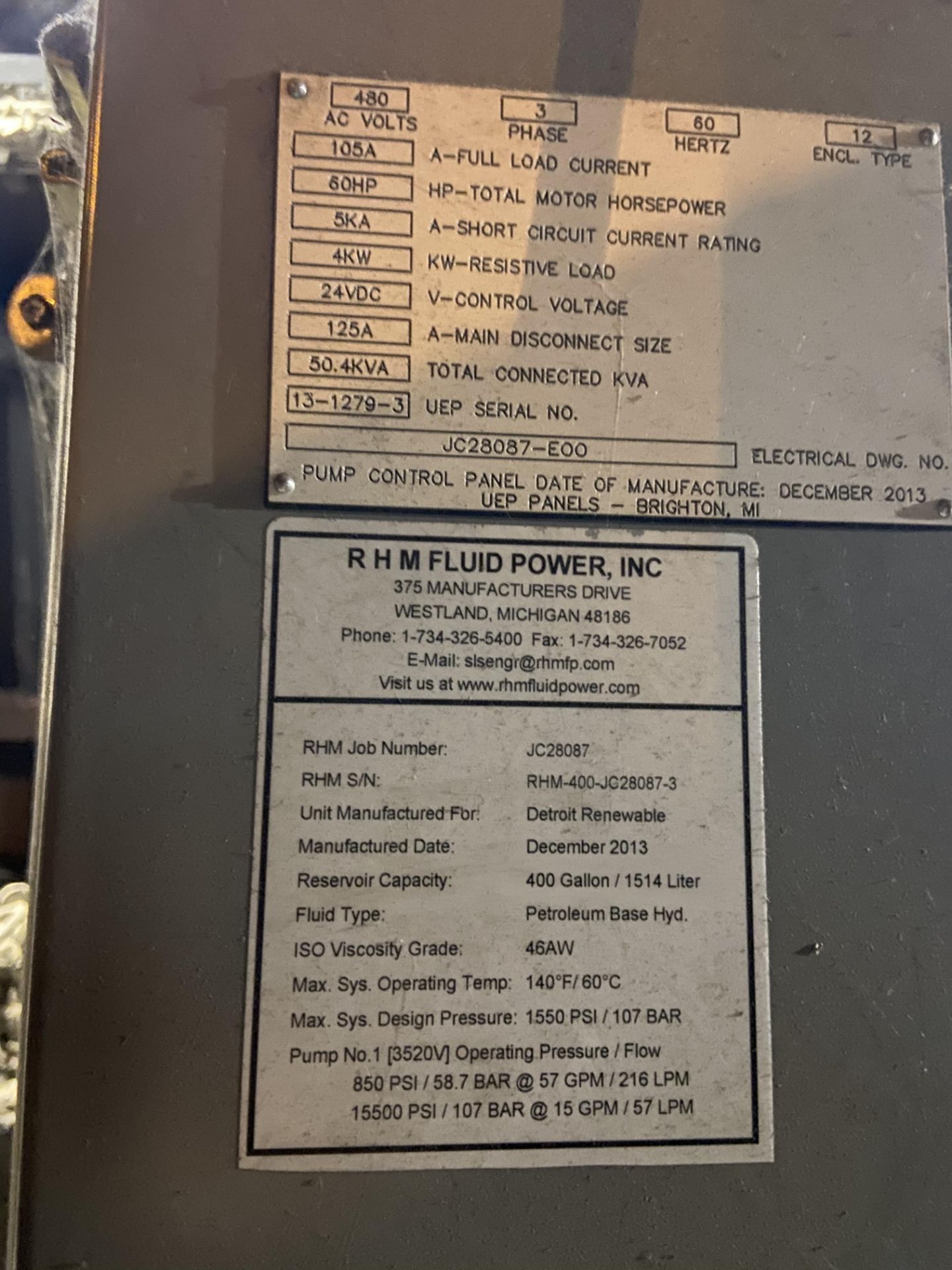 RHM Fluid Power Hydraulic Power Pack, Job# JC28087, Serial# RHM-400-JC28087-3, Rigging/ Removal Fee: - Image 6 of 10