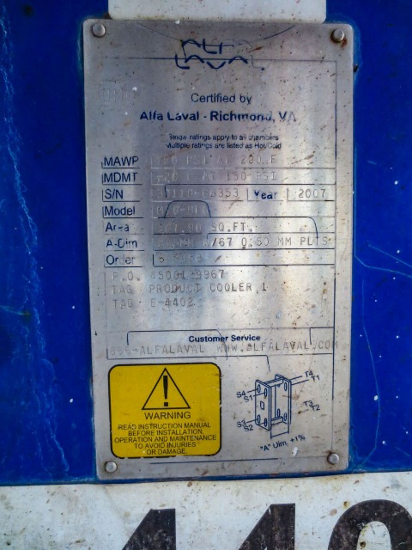 Alfa Laval plate heat exchanger Model M10-BFG. Has 67 plates 0.5mm for 16 Rigging/Loading Fee: $650 - Image 6 of 6