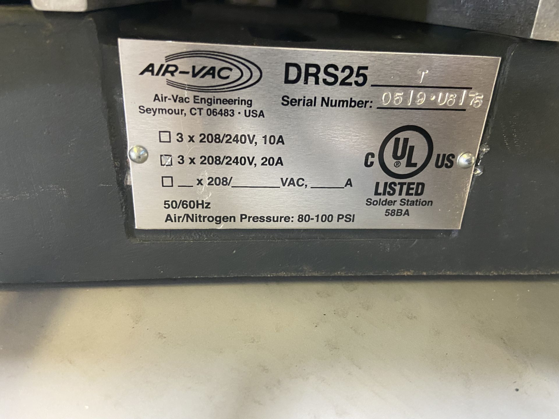 Air-Vac Rework Station, Model# DRS25, Serial# 0519-U6175, 208/240V, 3 Phase, 20 Amps, 50/60 Hz, - Image 3 of 14