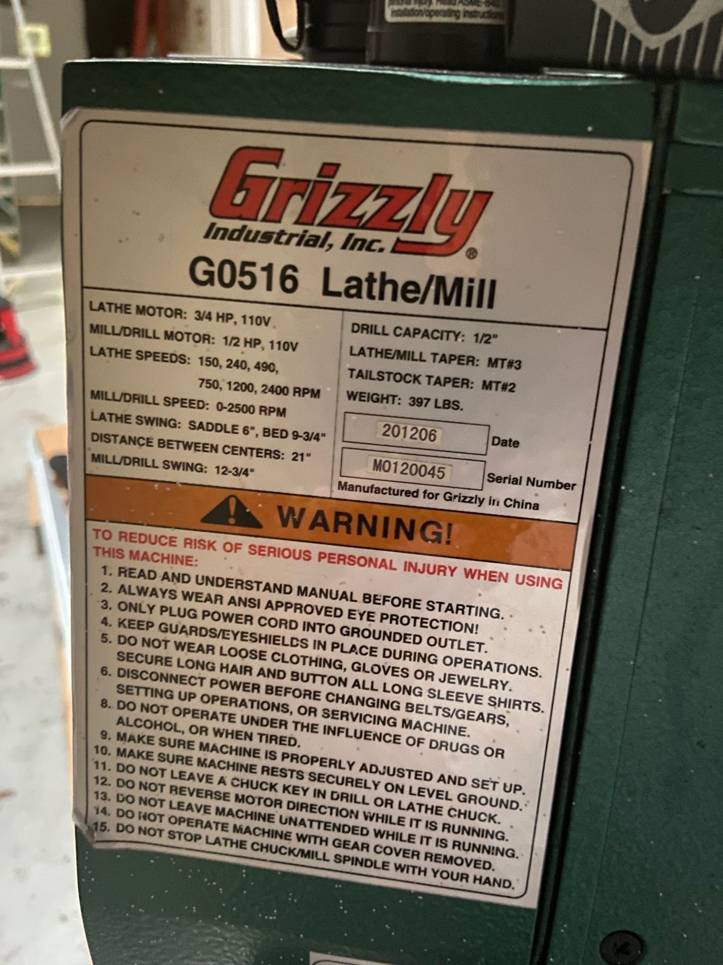 Grizzly Industrial Lathe/Mill, Model# G0516, Serial# MO120045, Lathe Motor 3/4 hp, 110V, 150-2400 - Image 7 of 12