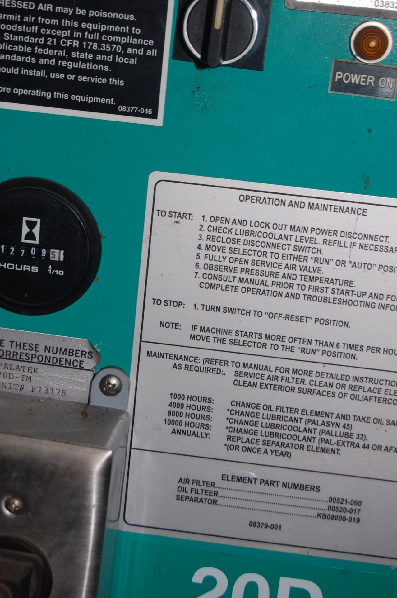 Sullair screw compressor 2005 model 20D-TM unit # F13178 75-80CFM @100 PSI food grade 20 Hp *** - Image 4 of 11