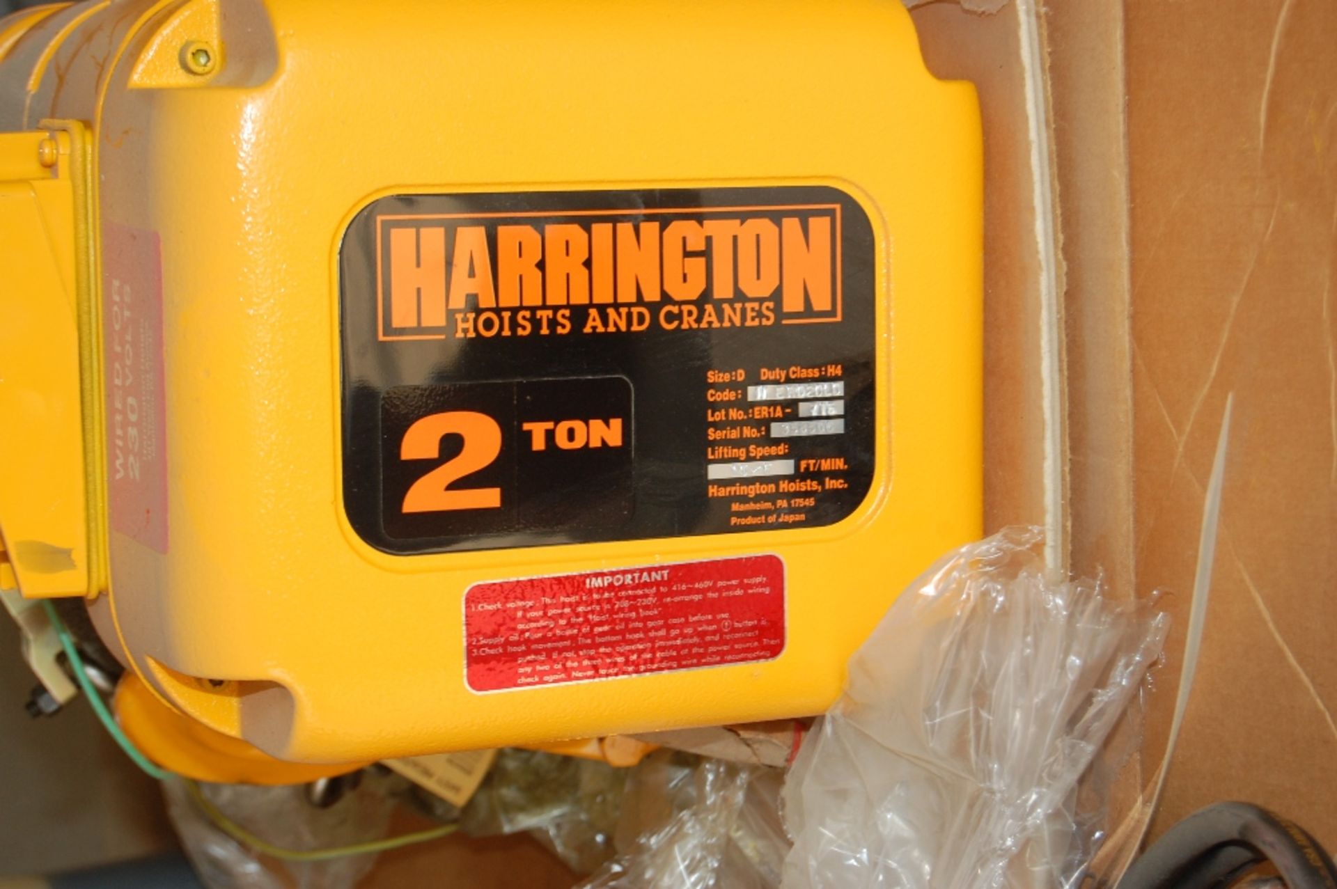 2 ton Harrington chain hoist 10 ft lift new in box …. Never used Model # NER020LD s#358506 size - Image 6 of 6