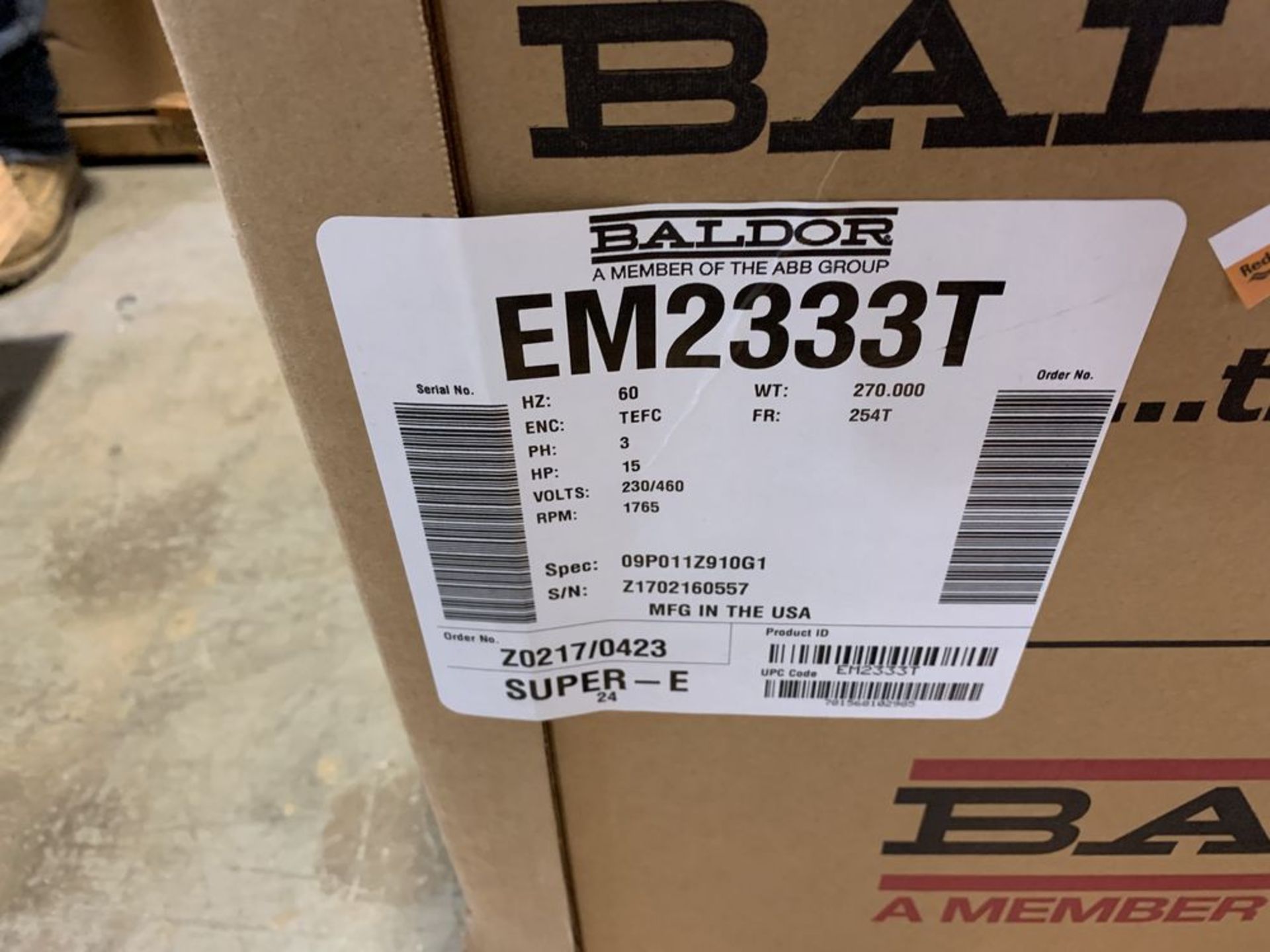 Canon City CO New/unused Baldor 15hp EM233T, 230/460V 1765rpm 254T Motor, Still in box, new cost $ - Image 2 of 4