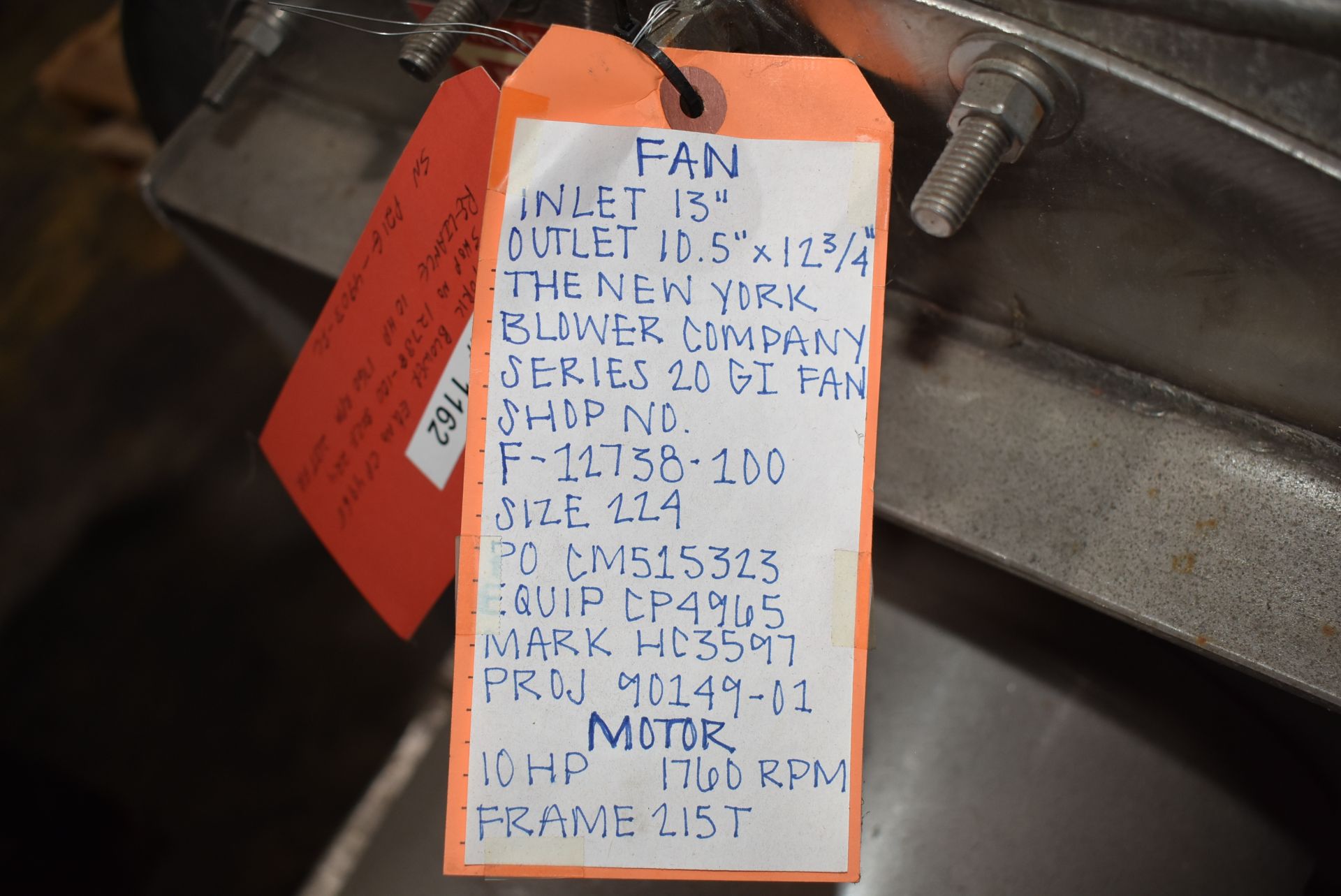 New York Blower, Series 20 GI Fan, Size 224 w/10 HP Motor, Stainless Steel. RIGGING/LOADING FEE $30 - Image 2 of 3