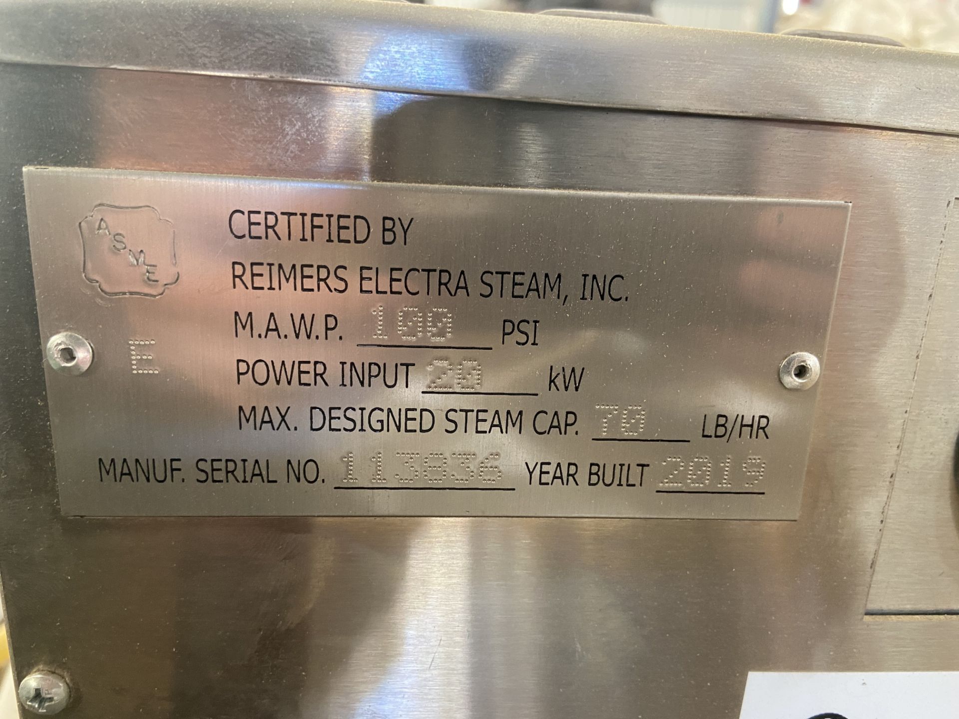 New Stainless Steel Reimers Electric Steam Boiler, Model# SR-20, Serial# 0619-113836, 208V, 3 Phase, - Image 2 of 8