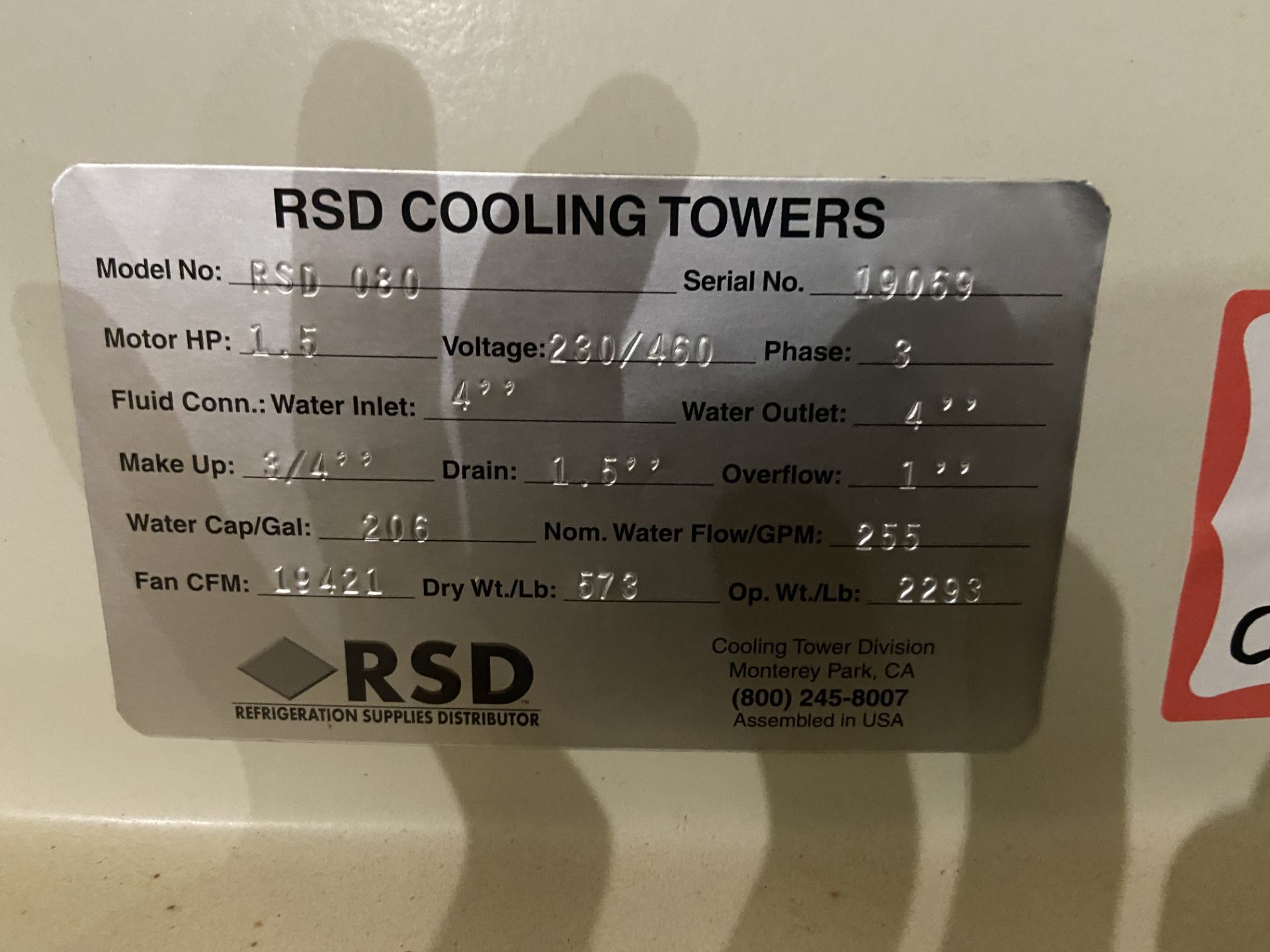 NEW RSD Fiberglass Cooling Tower, Model# RSD080, Serial# 19069, 1.5 HP, 230/460V, 3 Phase, Rigging/ - Image 3 of 3