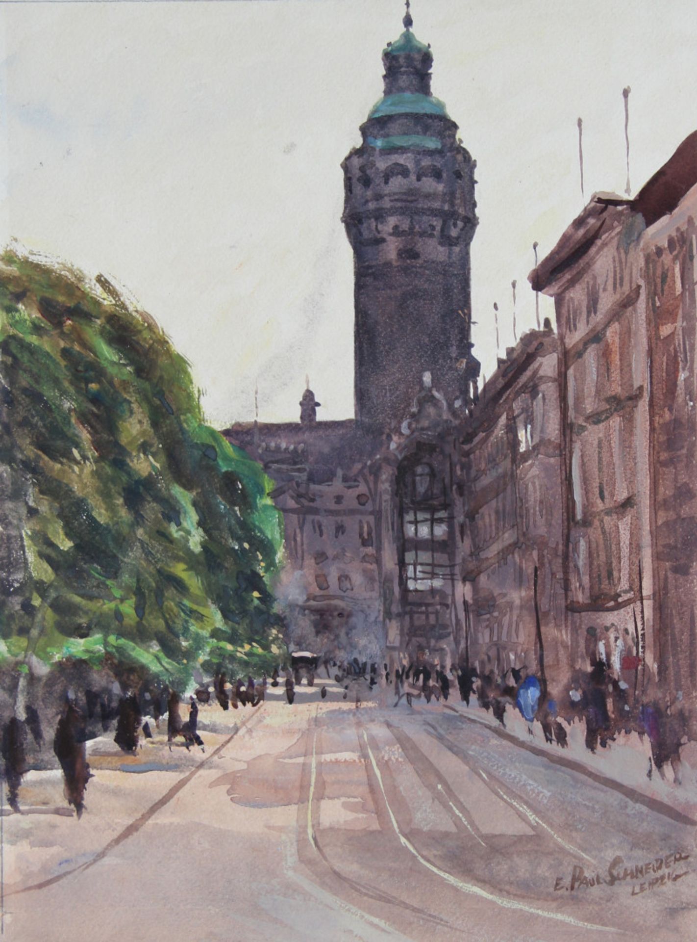 Schneider, E. Paul. (1884 - um 1969): Leipzig. - Blick auf den Turm des Neuen Rathauses, von der Sc