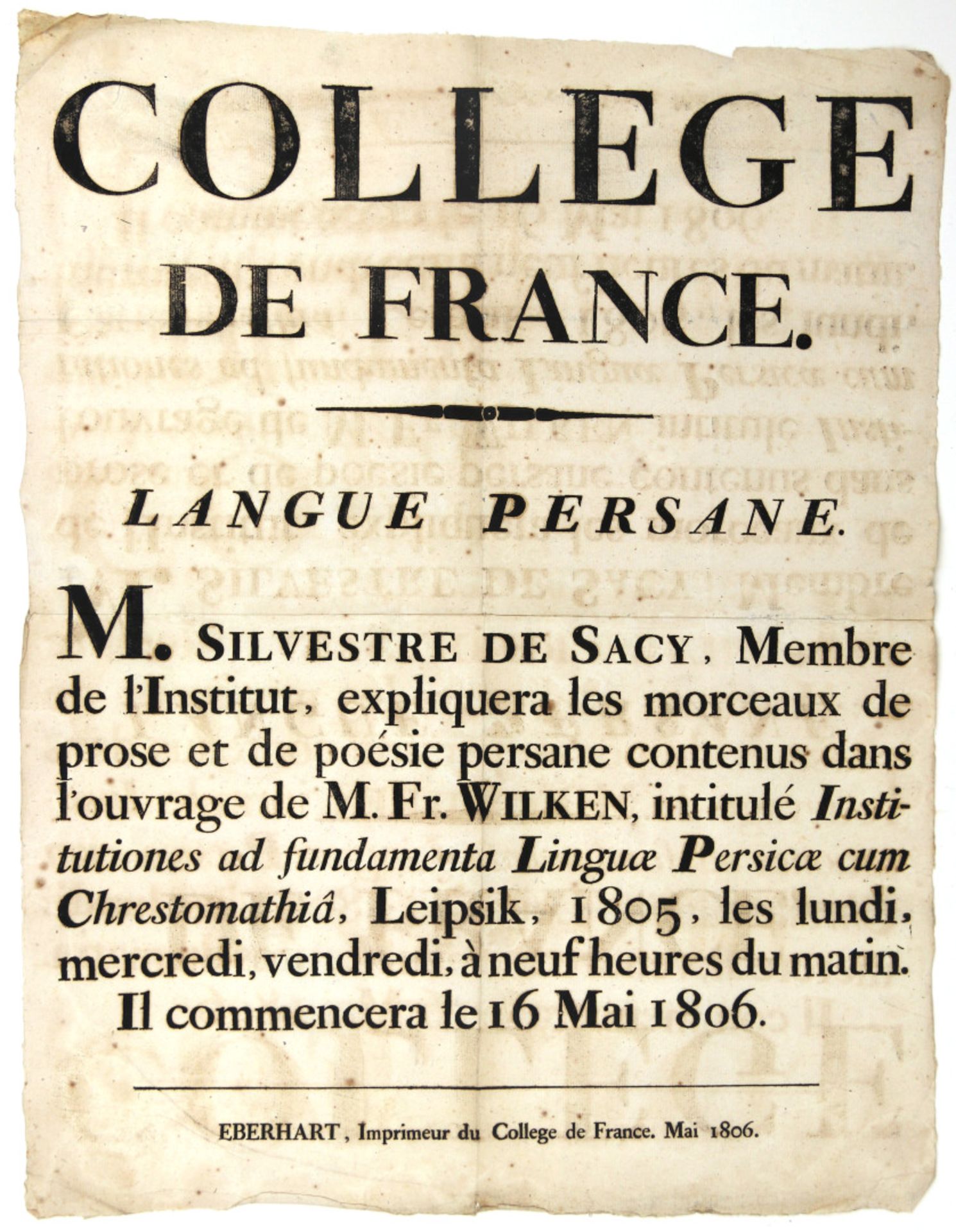 Leipzig. - Orientalistik. - Plakat: "Collège de France. Langue Persane. M. Silvestre de Sacy, Membr