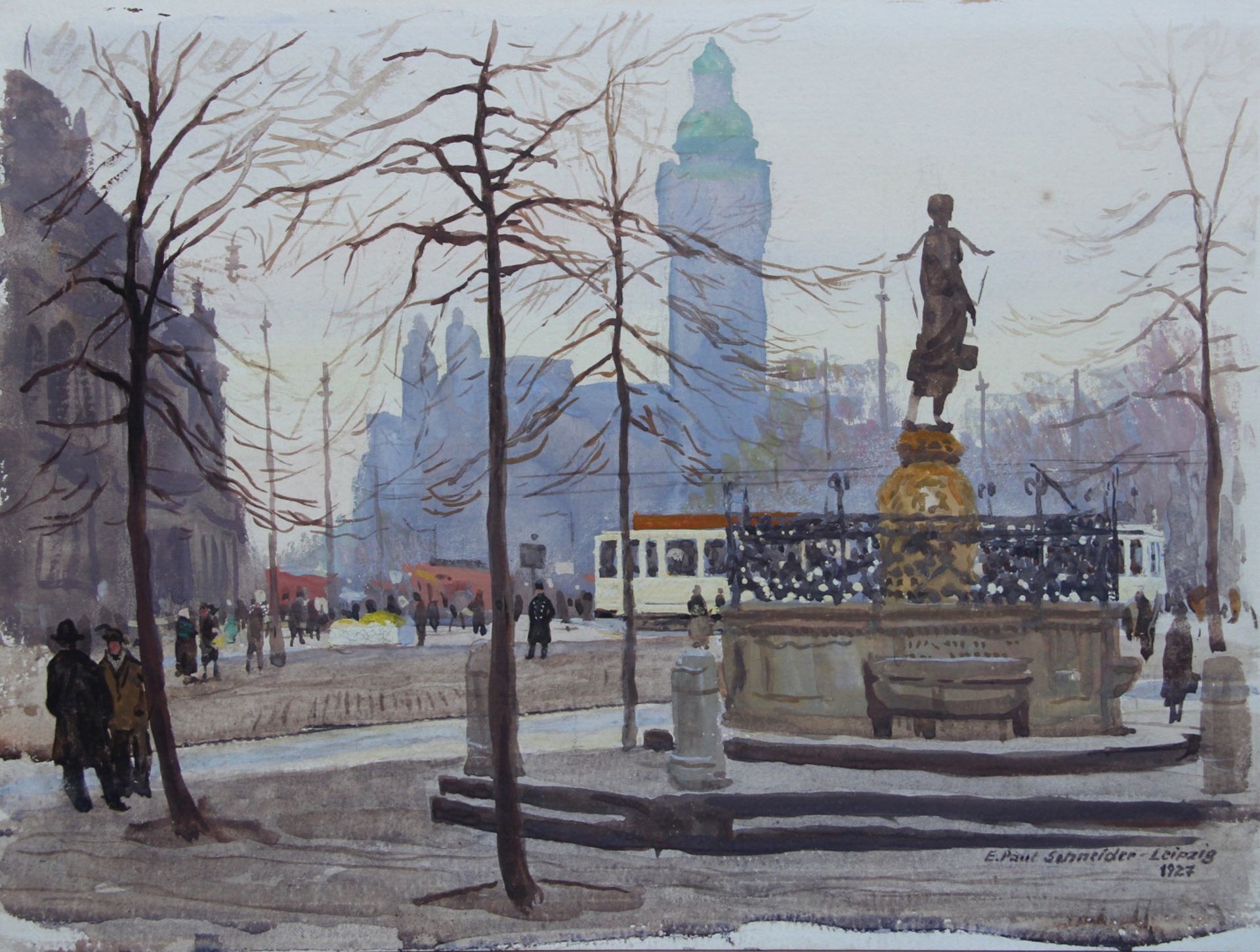 Schneider, E. Paul. (1884 - um 1969): Leipzig. - Roßplatz mit Mägdebrunnen und Neuem Rathaus.