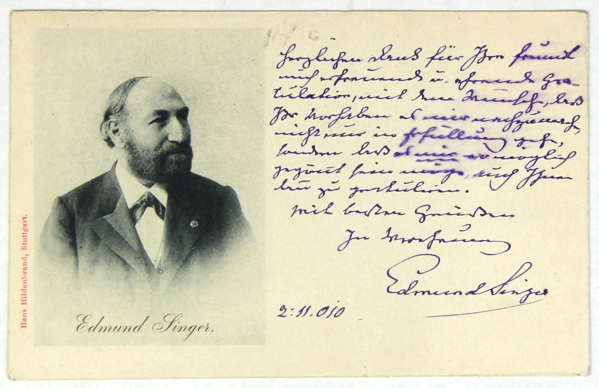 Musik. - Singer, Edmund. (1831-1912), ungarischer Violonist und Violinpädagoge: Eigenhändiges Danksc