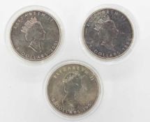 3 x 5 DollarCanada 1989/ 1999 u. 2001, Maple Leaf, je 1 Unze Feinsilber, stgl.